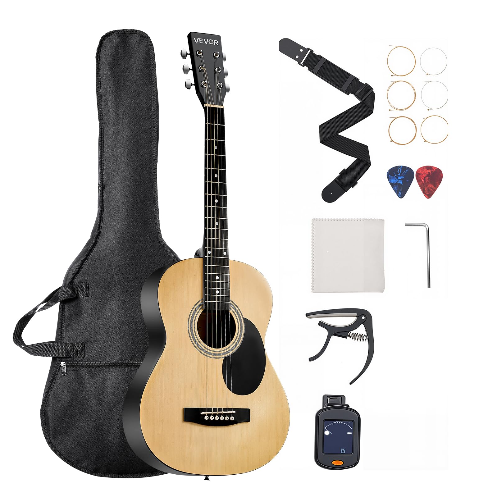 VEVOR Chitarra Acustica Dreadnought 914,4 mm Chitarra Acustica a 6 Corde con Tavola Armonica in Massello Naturale, Custodia Morbida, Accordatore, Tracolla, Corde in Acciaio, Tastiera in Palissandro