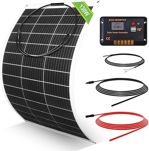 ECO-WORTHY Kit de panel solar flexible de 130 vatios y 12 voltios para casa rodante, barco y superficies irregulares 1 panel solar mono de 130 W +