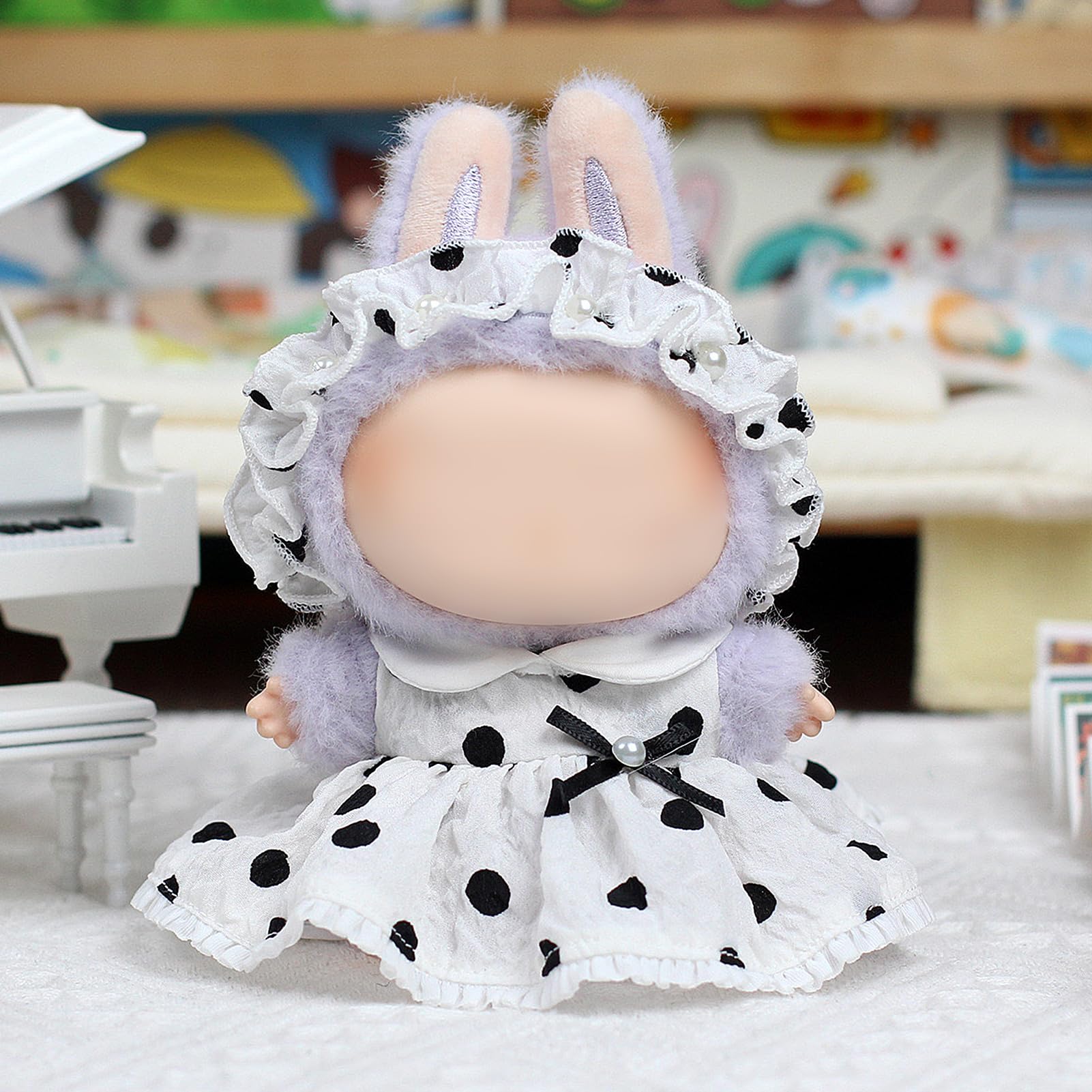 LBB Doll Clothes –Pearl Polka Dream Outfit for 17cm LBB Doll, Black Polka Dot White Dress with Pearl-Adorned Ruffled Headpiece – Doll Not Included