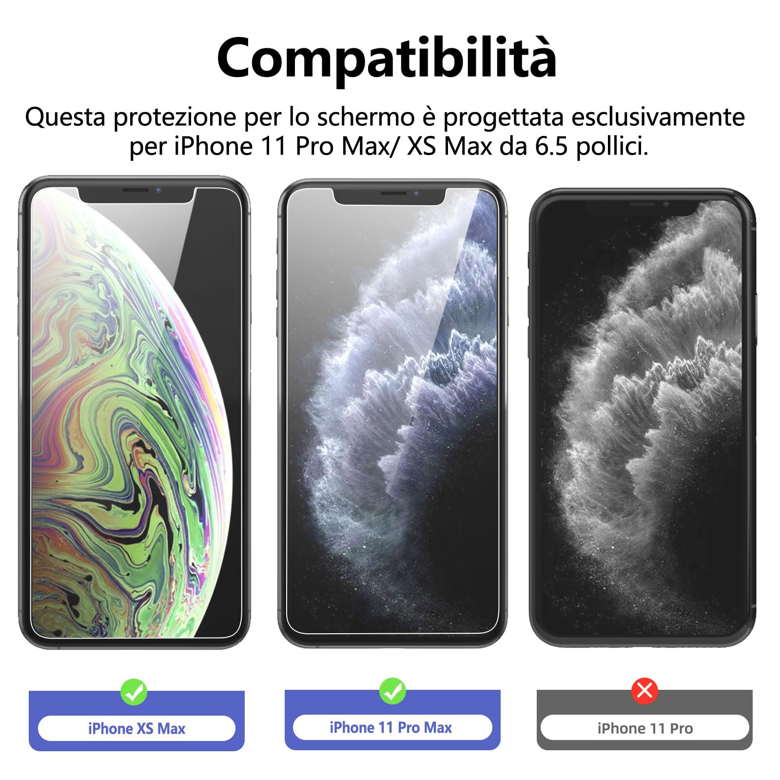 NEW'C 3 Pezzi, Vetro Temperato per iPhone 11 Pro Max e iPhone XS Max (6,5 Pollici), Pellicola Prottetiva Anti Graffio, Anti-Impronte, Durezza 9H, 0,33mm Ultra Trasparente, Resistente