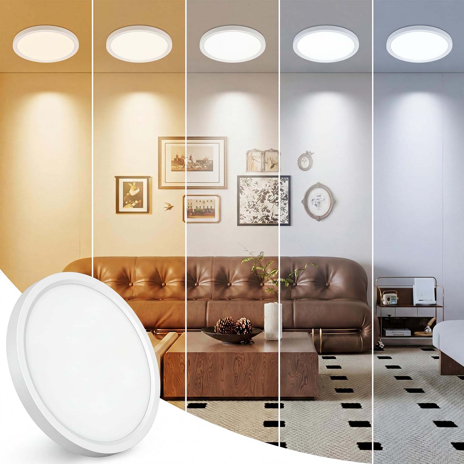 peasur 7" led ceiling light, 3000k/3500k/4000k/5000k/6500k adjustable flush mount light fixture, 1500lm 15w slim white round lamp for hallway kitchen bathroom bedroom