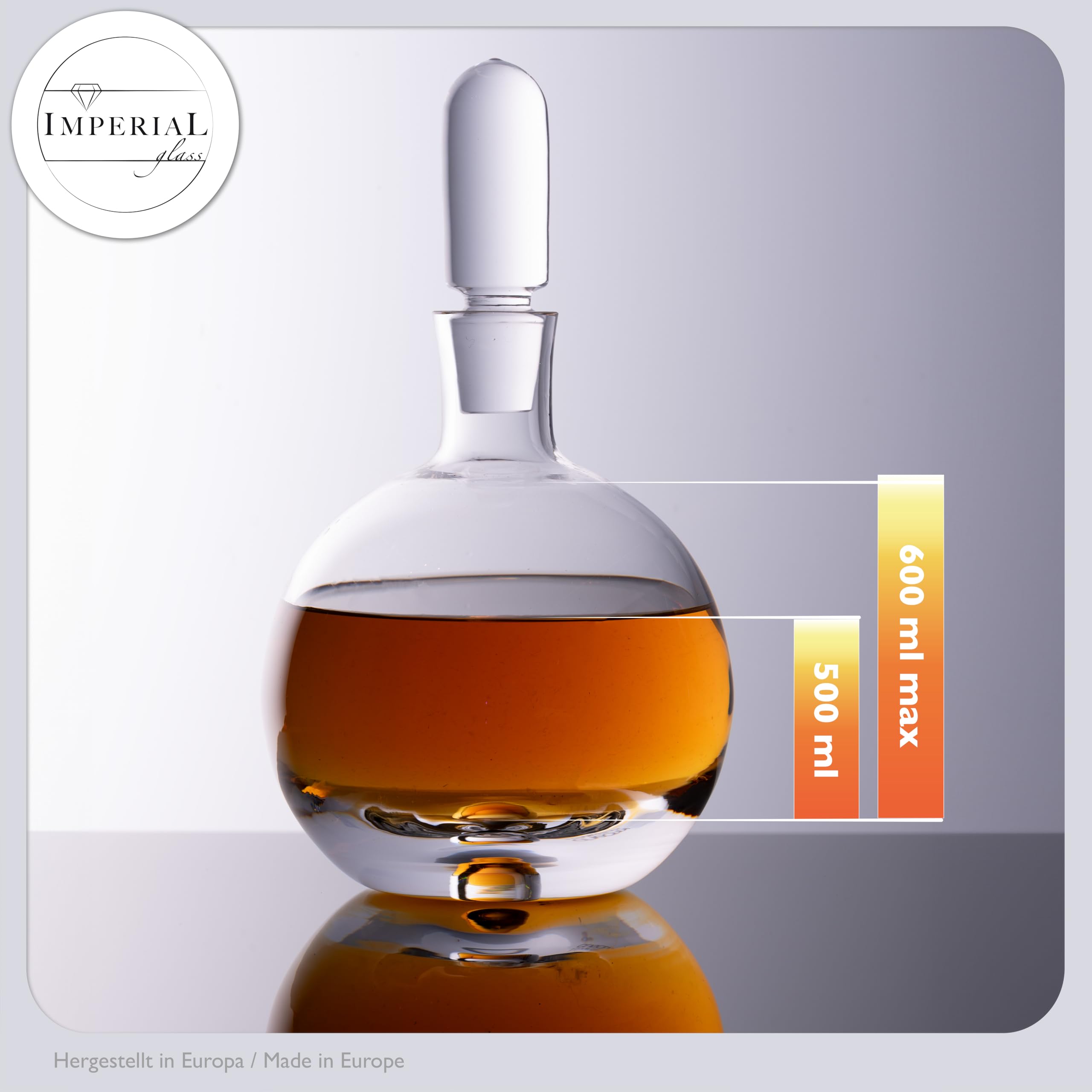 Cognac Karaffe aus Crystalline Glas – kugelförmiger Dekanter mit Glasstopfen und Luftblase im Boden 600ml – Handarbeit