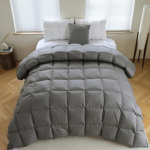 Miniatura 9 de Edredón de plumas tamaño individual, relleno de edredón gris con relleno de plumón esponjoso de 35 onzas, funda de edredón 100% algodón, edredón de