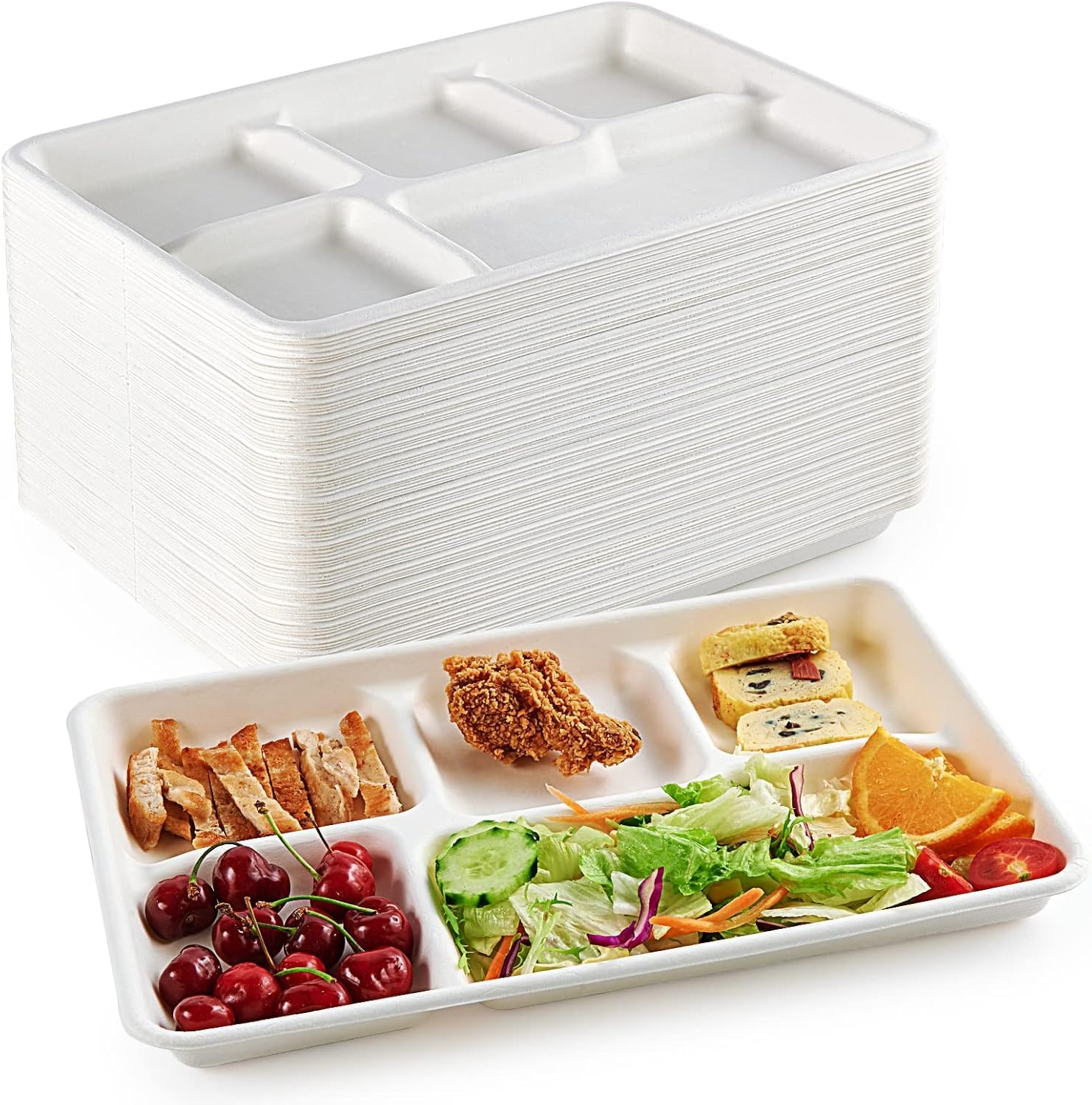 Disposable 5 Compartment Bagasse Plates (11 x 9 inch, 150 Pack) – Heavy Duty Biodegradable Meal Trays | Compostable Paper Plates, Eco-Friendly Food-Safe Divided Tray for Parties Lunch Catering