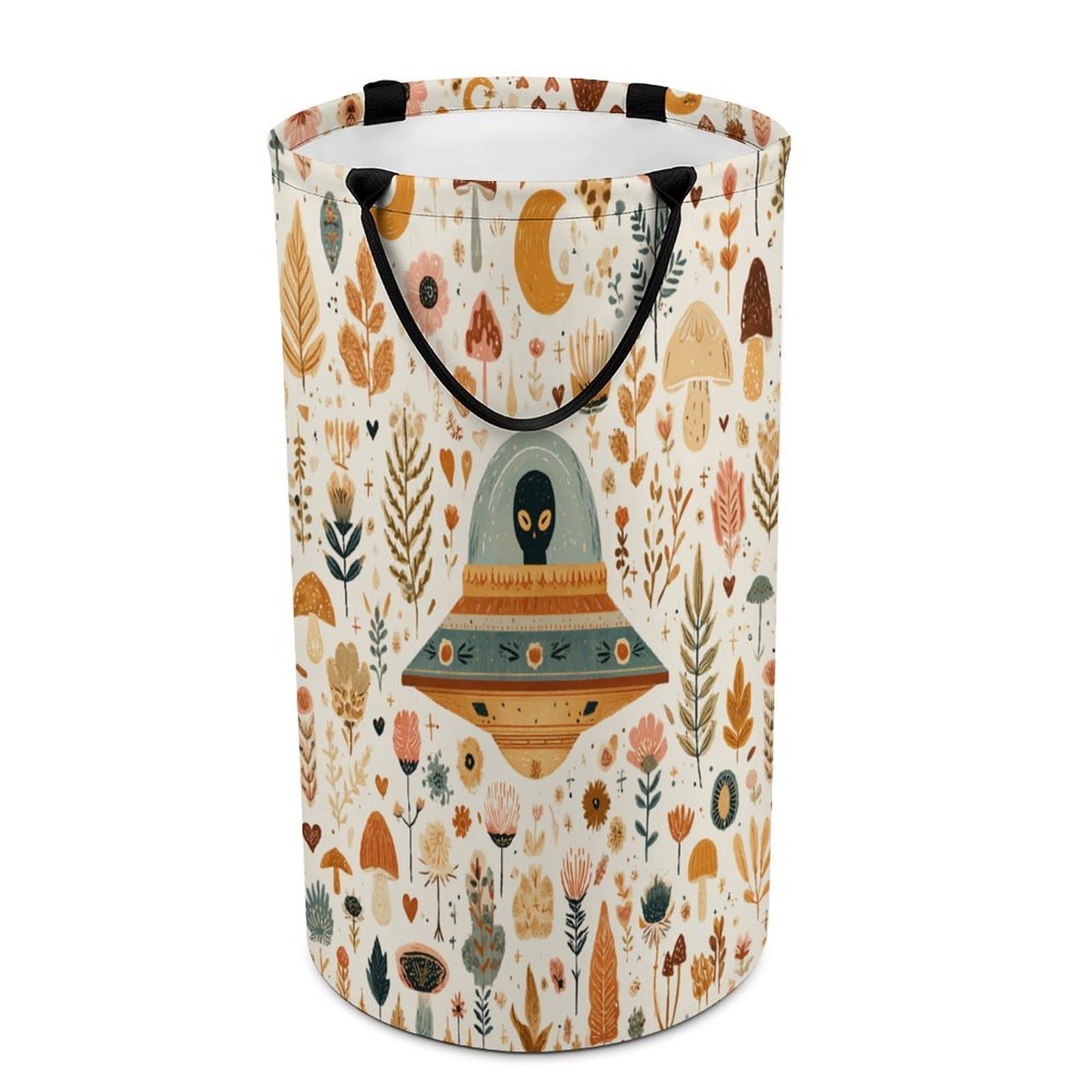 LUYYSKY Rustic Cute Alien Spaceship Versatile Storage Laundry Basket, Vintage Funny Moon Botanical Plants Mushroom Flowers Large Capacity Bathroom Hamper With Handle