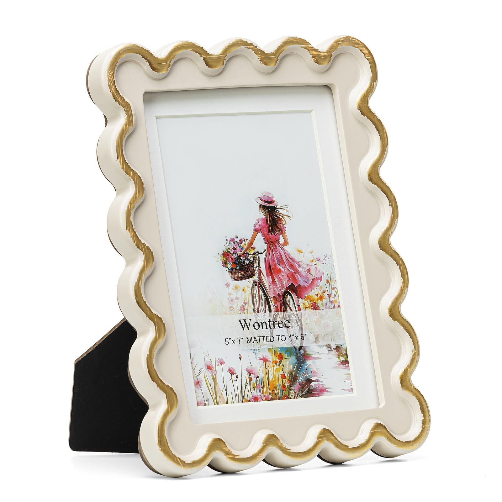 5x7 Picture Frame in Beige with Shinning Gold Wavy Edge, Resin Frame with Real Glass, Display 5x7 Photos Matted to 4x6, Vertical and Horizontal Desk Tabletop or Wall Hanging