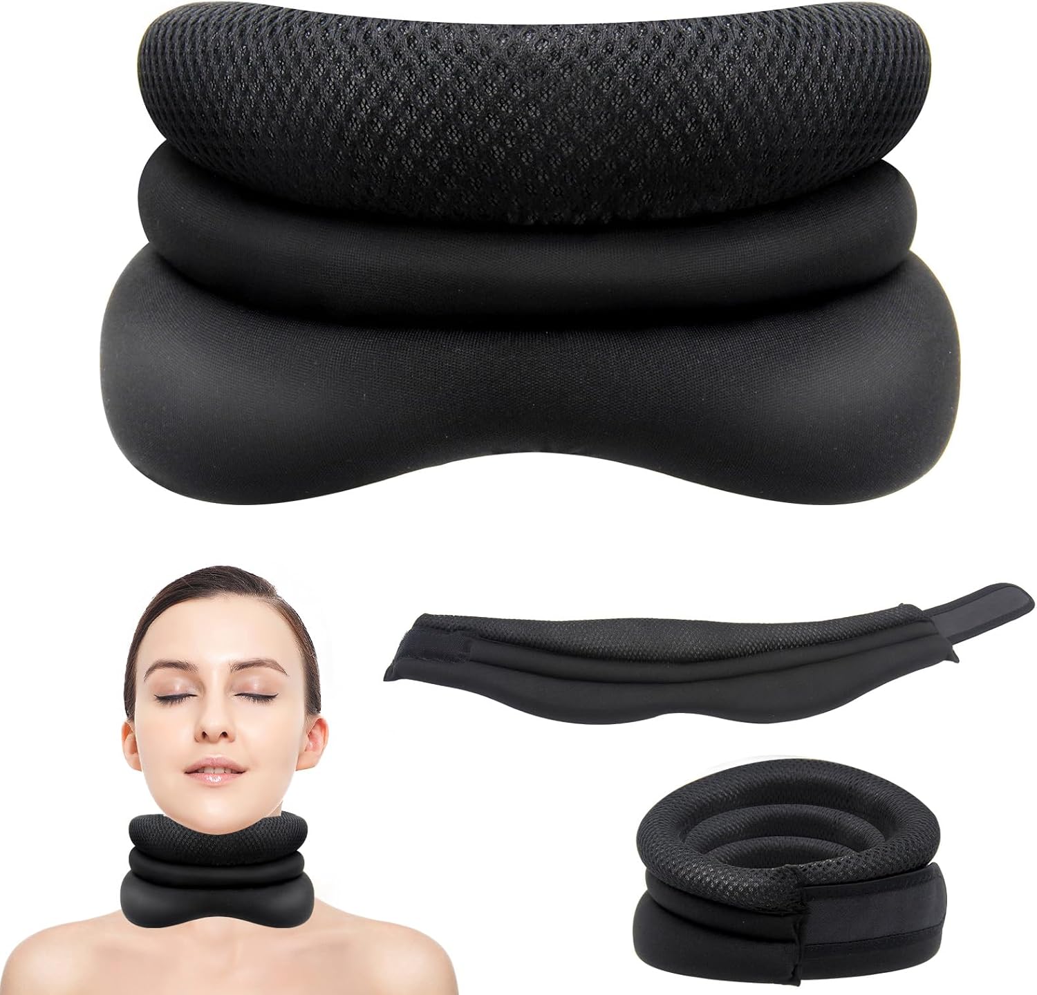 Neck Support for Snoring -Adjustable 3-Stage Cervical Collar with Soft Foam Support, Ergonomic Design for Comfortable Sleep (Black)