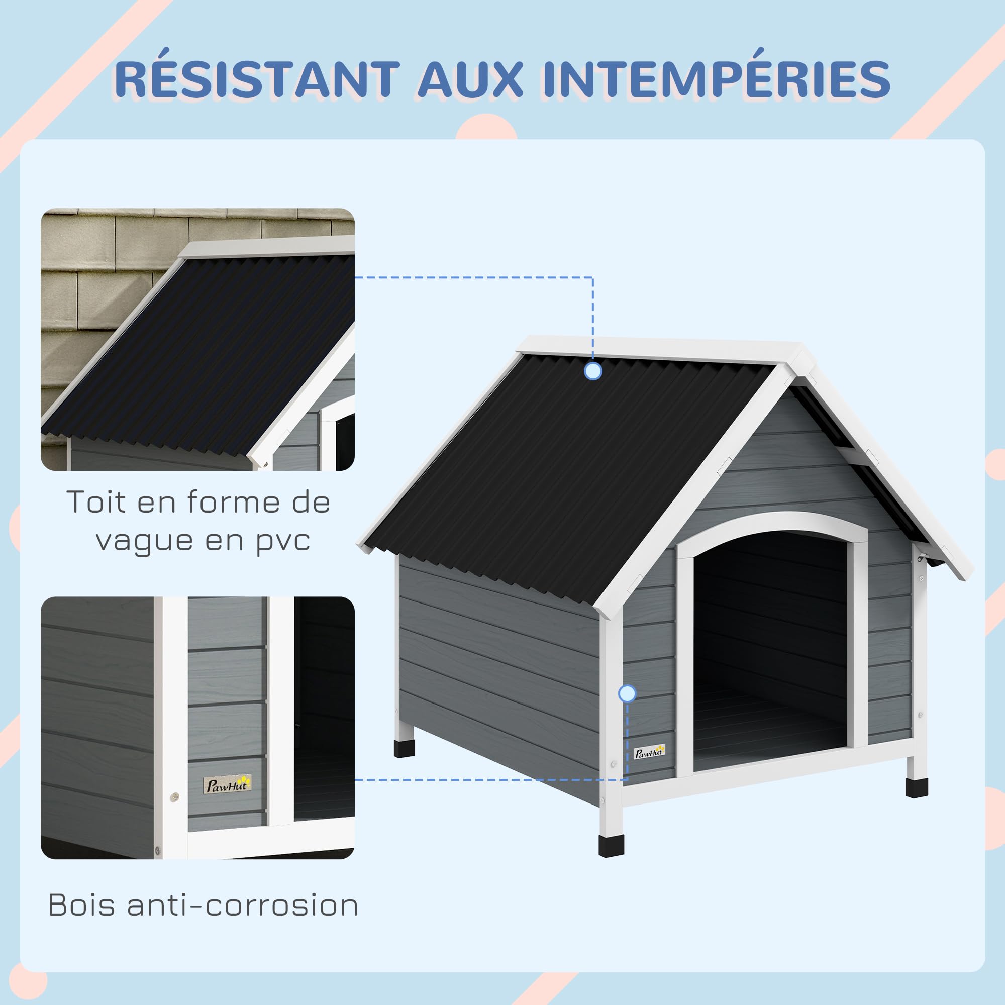 PawHut Niche pour Chien extérieure en Bois, Maison Chien avec Plancher Amovible, Pieds réglables, 84 x 99 x 87 cm, Gris