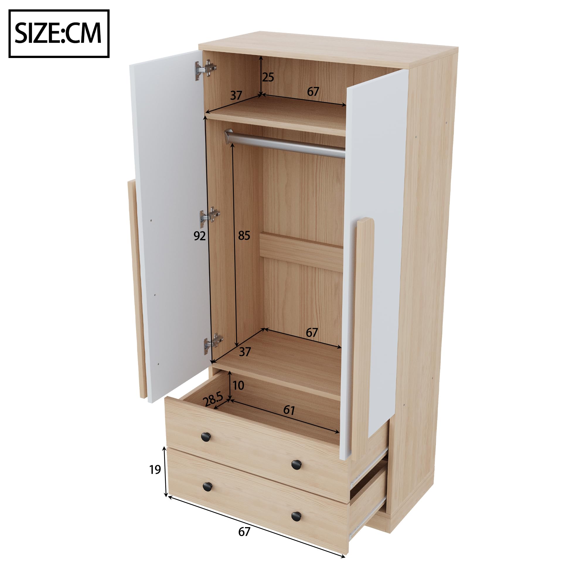 Armadio 70 x 40 x 170 cm, design a doppia ante, con cassetti e ripiani, colore legno + bianco