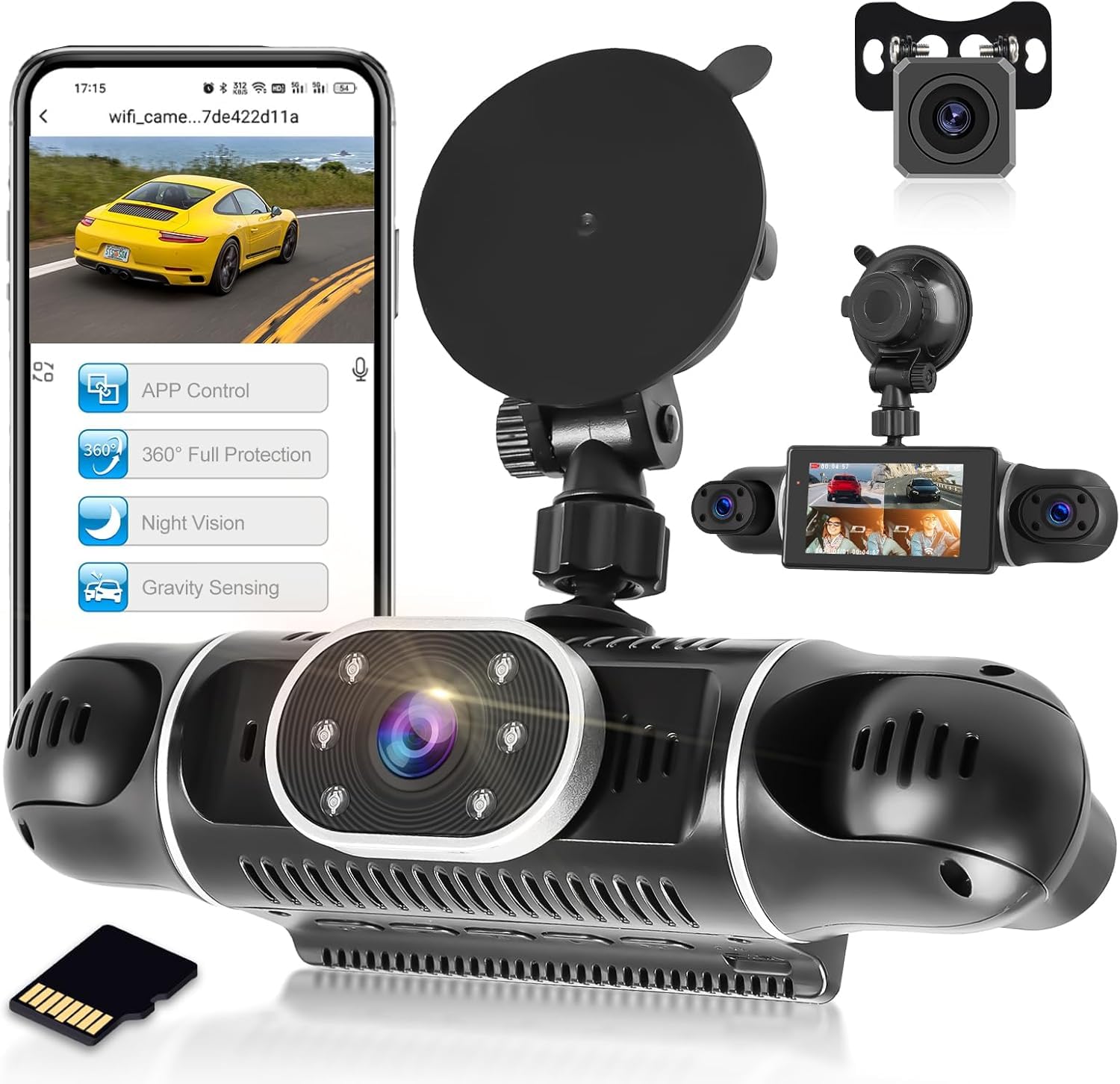 Camara de Salpicadero para Coche, Cámara para Salpicadero de 4 Canales Delante y Detrás, Dashcam Coche con Pantalla IPS de 3 Pulgadas con Visión Nocturna WiFi, Sensor G, Grabación en Bucle