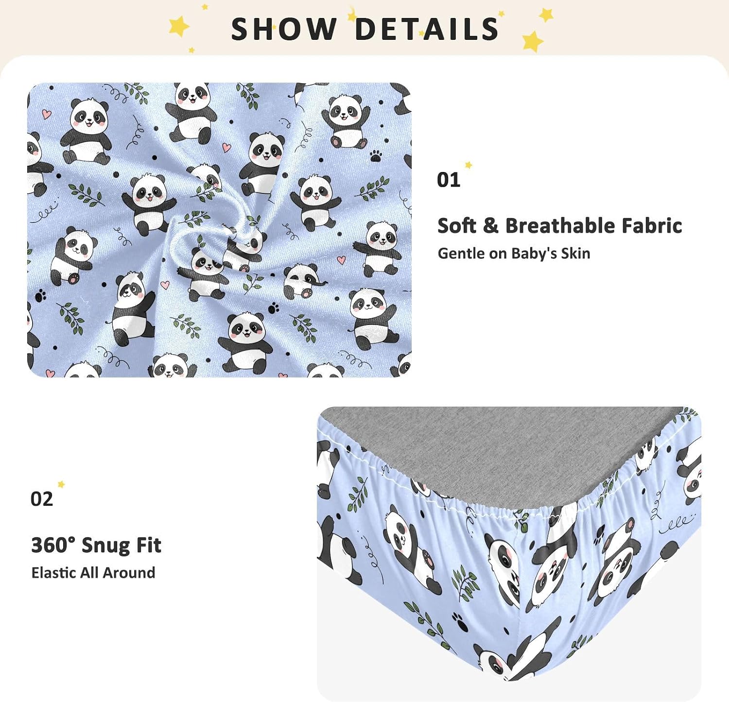 Cute Pandas Leaves Blue Pattern Baby Crib Sheets, Cotton Fitted Crib Sheet, Soft Breathable, Fits Standard Toddler Mattress 52x28 for Boys Girls Baby