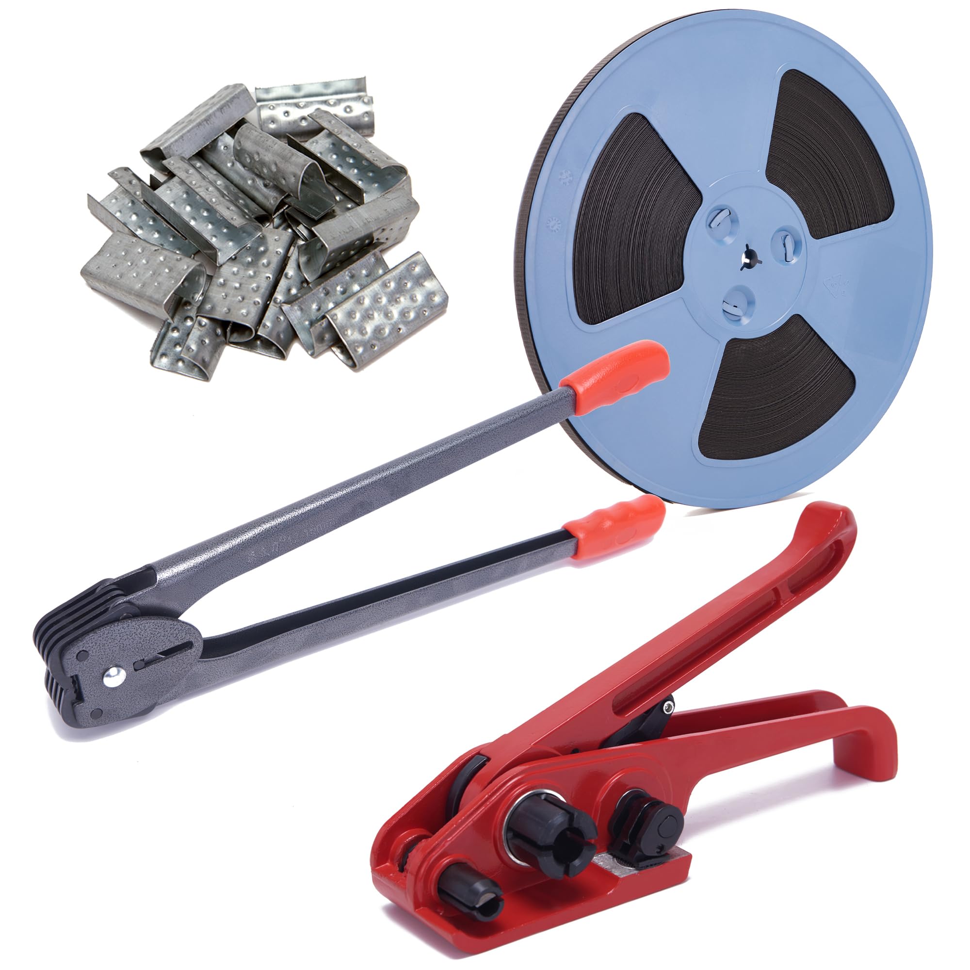 Kit di reggiatura Tutto in Uno con tenditore per reggetta in polietilene, Nastro in PP da 3200" + Rotolo di reggetta in PP da 6600 Piedi, 100 sigilli Metallici e Strumenti per sigillatura