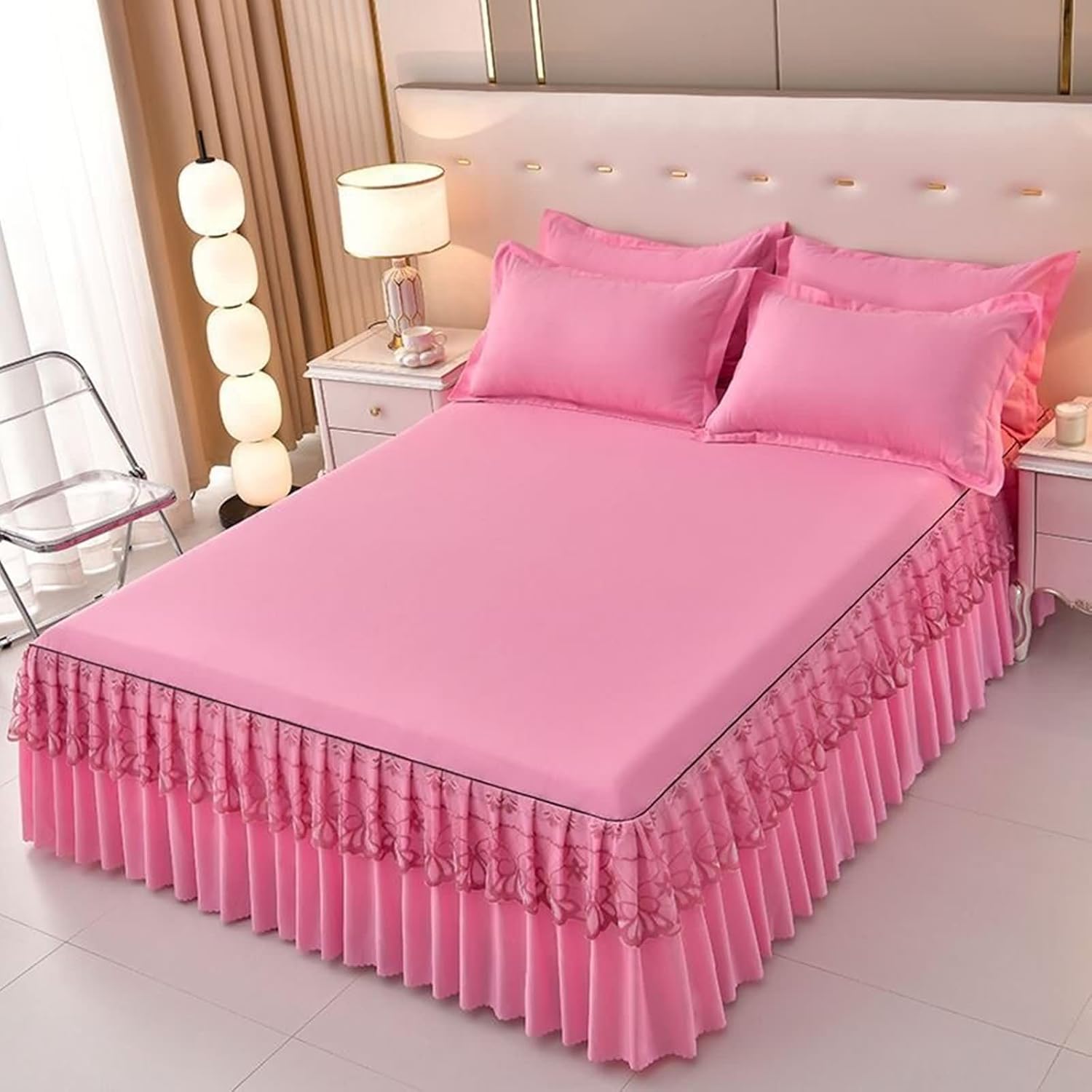 Beydodo Fitted Bed Sheets 150x200cm, Ruffled Bed Skirts Polyester Solid Purple with Lace, Bed Fitted Sheet for Dorm