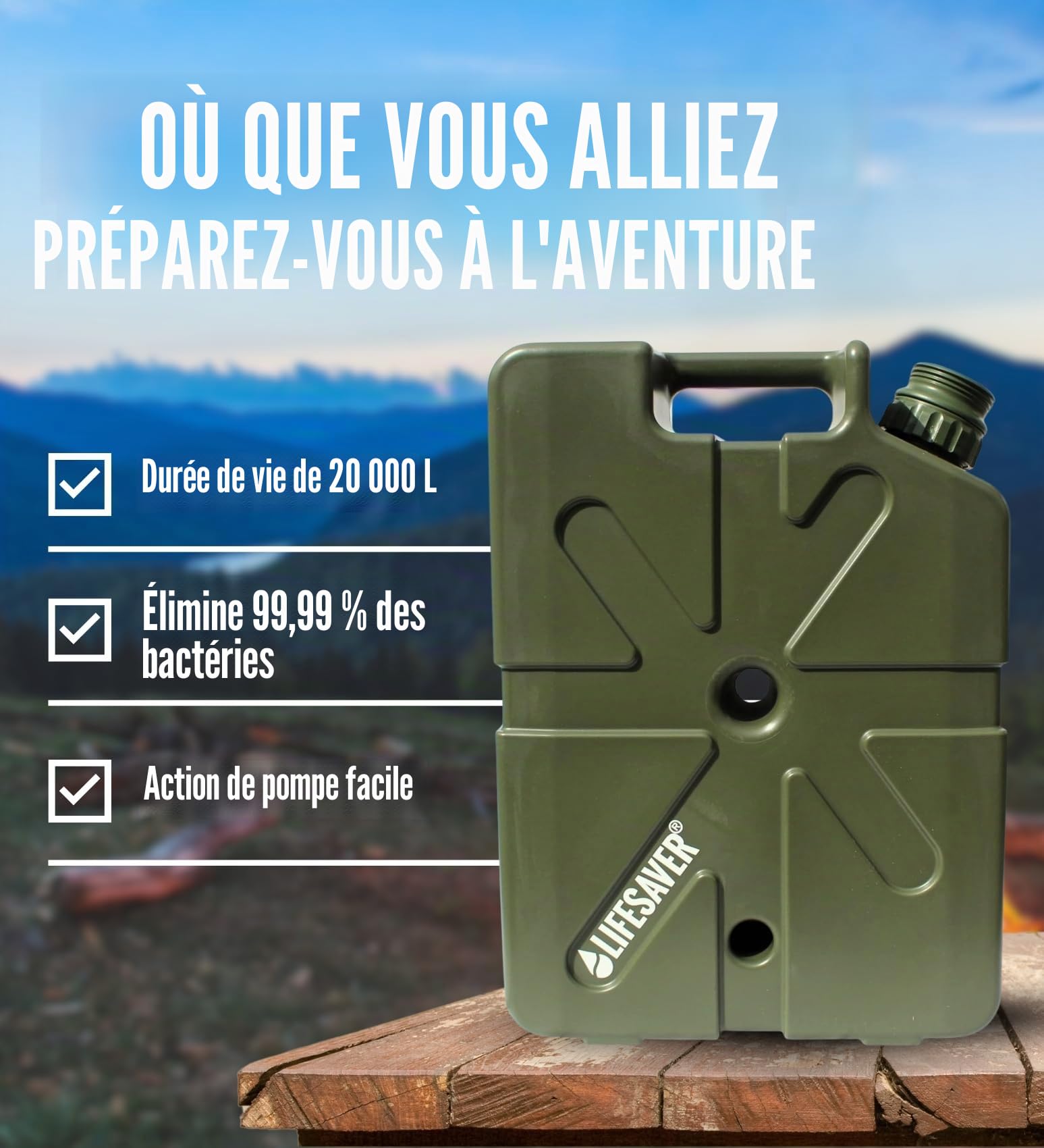 LifeSaver® Jerrycan - Bidon de filtre à eau (18,5 l) - Filtre 99,9999% de toutes les bactéries - Traitement de l'eau potable - Camping jusqu'à 20 000 litres