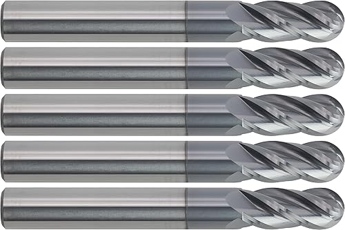 5 piezas de fresas de carburo sólido, nariz esférica, revestimiento de TiAlN, 516" diámetro del molino., 34" LoC, 2-12" OAL, 4 flautas, corte central 5 piezas de fresas de carburo sólido, nariz esférica, revestimiento de TiAlN, 516" diámetro del molino., 34" LoC, 2-12" OAL, 4 flautas, corte central