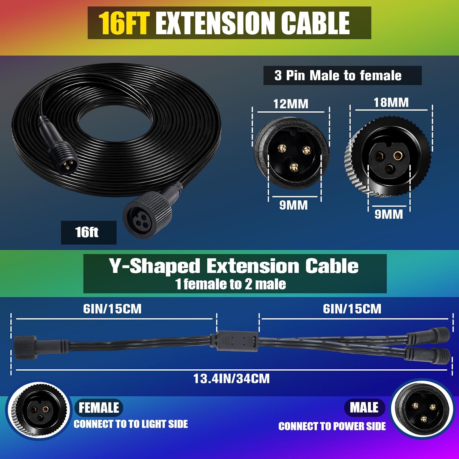 Permanent Outdoor Lights Extension Cord, 16FT IP68 Waterproof 3-Pin Extension Cable with Y-Splitter, Compatible with GO-VE H705A/B/C, H706A/B/C