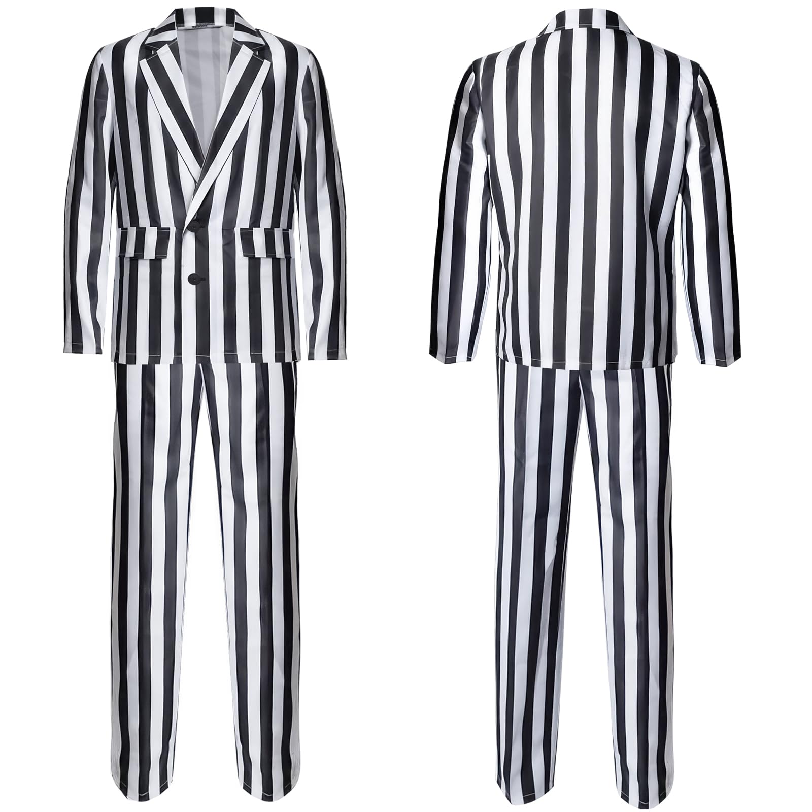 Horror Herren schwarz-weiß gestreift Anzug Kostüm mit Perücke Krawatte Horror Halloween Herren Cosplay Outfit Halloween Karneval Cosplay Faschingskostüm