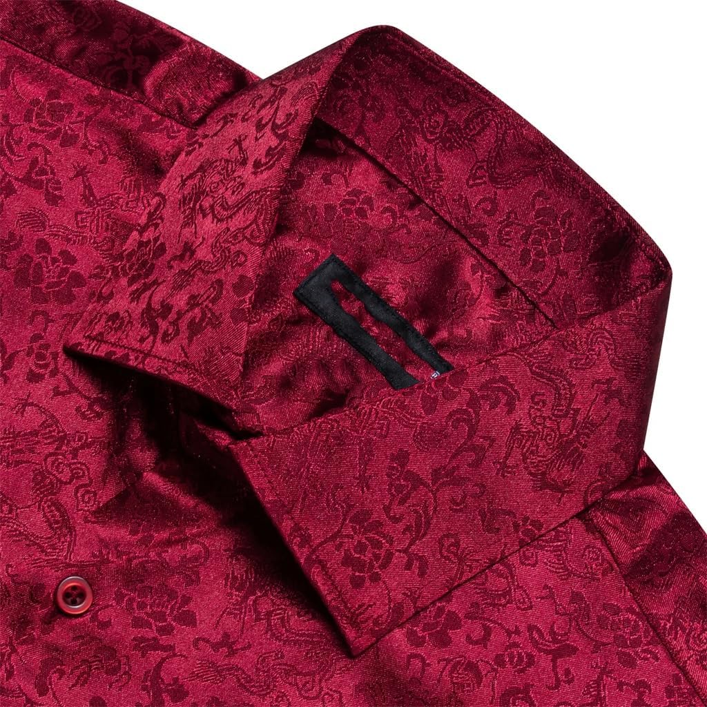 Men Silk Satin Embroidered Long Sleeve Red Flower Male Blouses Casual Lapel Tops