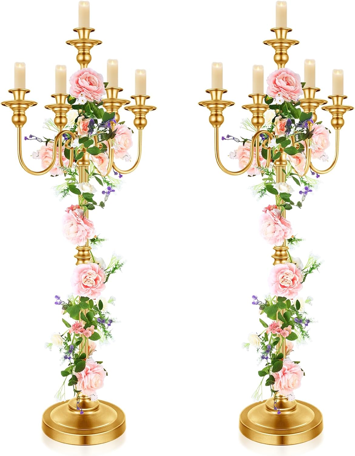 2 Pcs Gold Wedding Floor Candelabra 50 Inch Antique Led Candle Stand Metal 5 Arm Candelabra Centerpiece Decoration for 5 Candlesticks Bridal Shower Christmas Aisle Event Birthday Party Ceremony Home