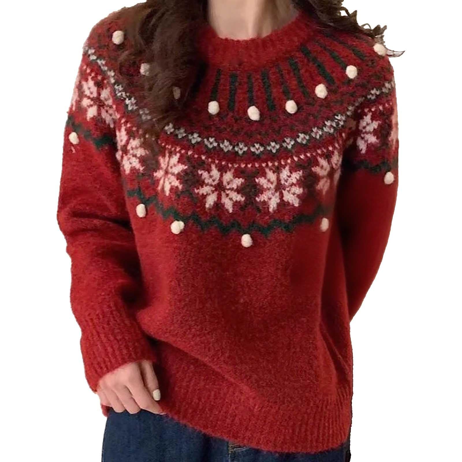 Womens Christmas Sweater Retro Jacquard Snowflake Graphic Pullover Knitted Sweaters Long Sleeve Crewneck Winter Tops