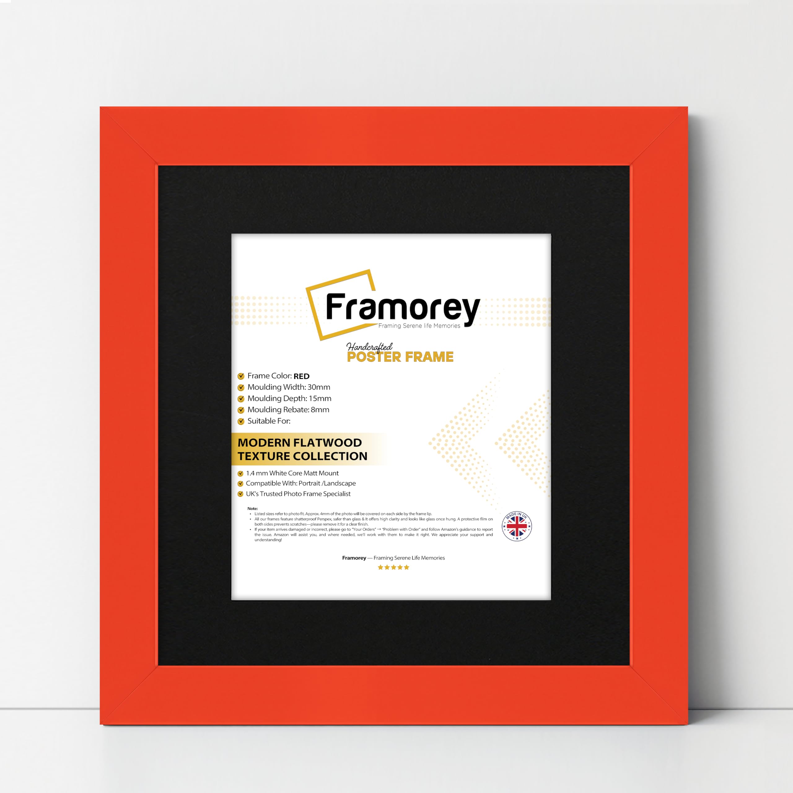 FRAMOREY Square Oxford Flat Wooden Effect Picture Frame, 28x28" Size Red Photo Frame With 24x24" Size Black Mount, Photo Print Frame, Best Photo Frames For Birthday Gift