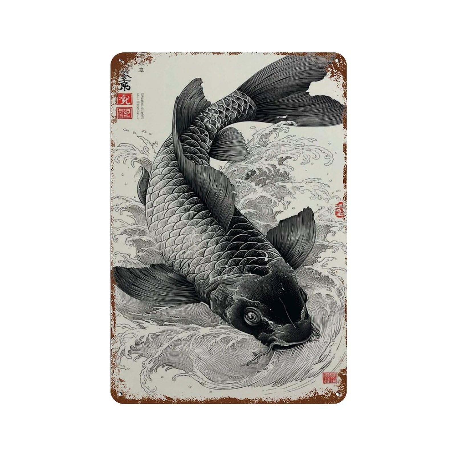 xiaoxiaoshen Japanese Koi Fish – Black Ink Tattoo Style Traditional Wave Work Asian Wall Decor Art Metal Tin Poster Modern Home Decor Art Home Bar Shop Decorations Vintage Sign 30x20cm