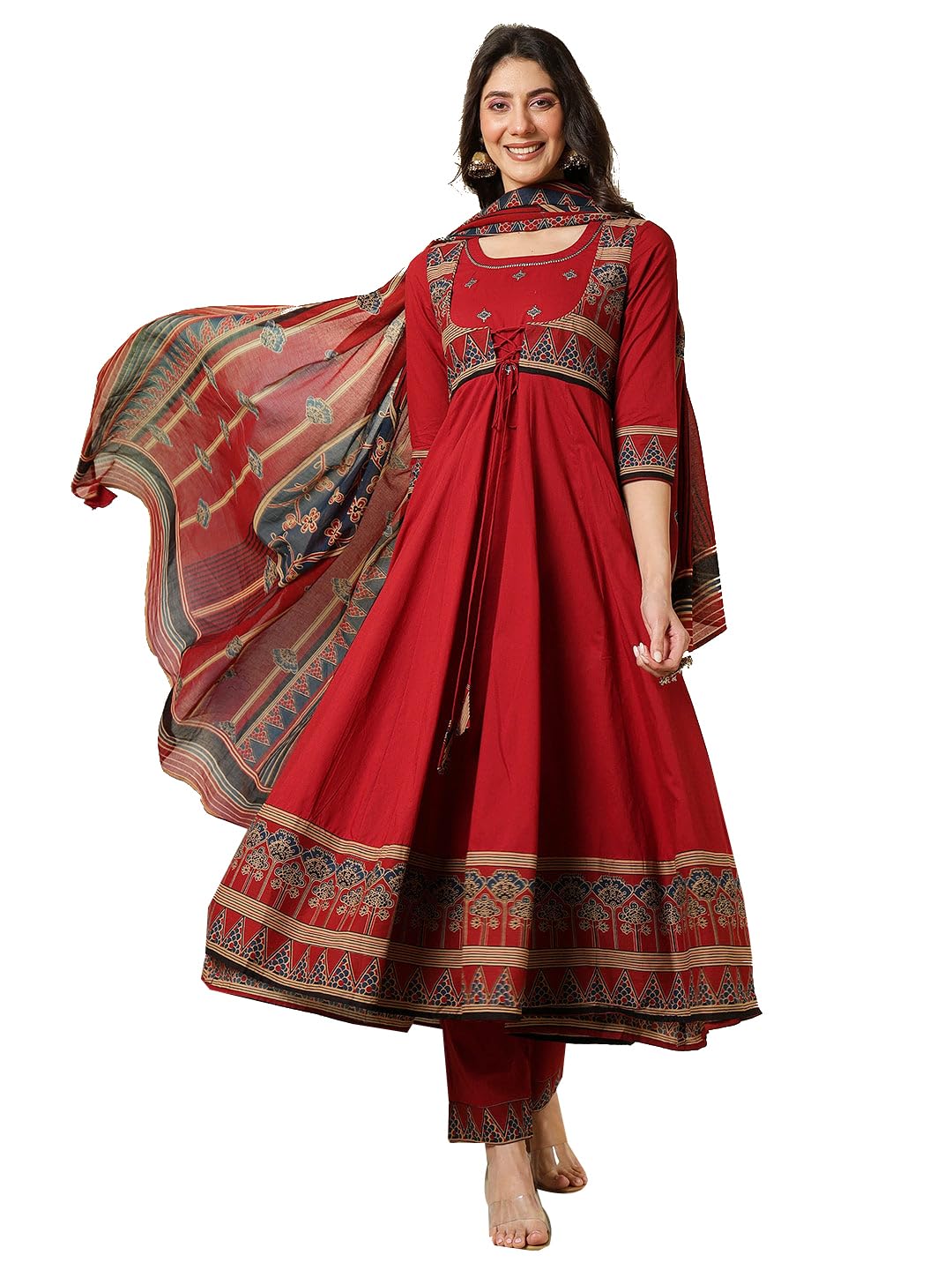 kimayra Women's Cotton Calf Length Printed Embroidered A-Line Round Neck Kurta Suit Set-picture-46