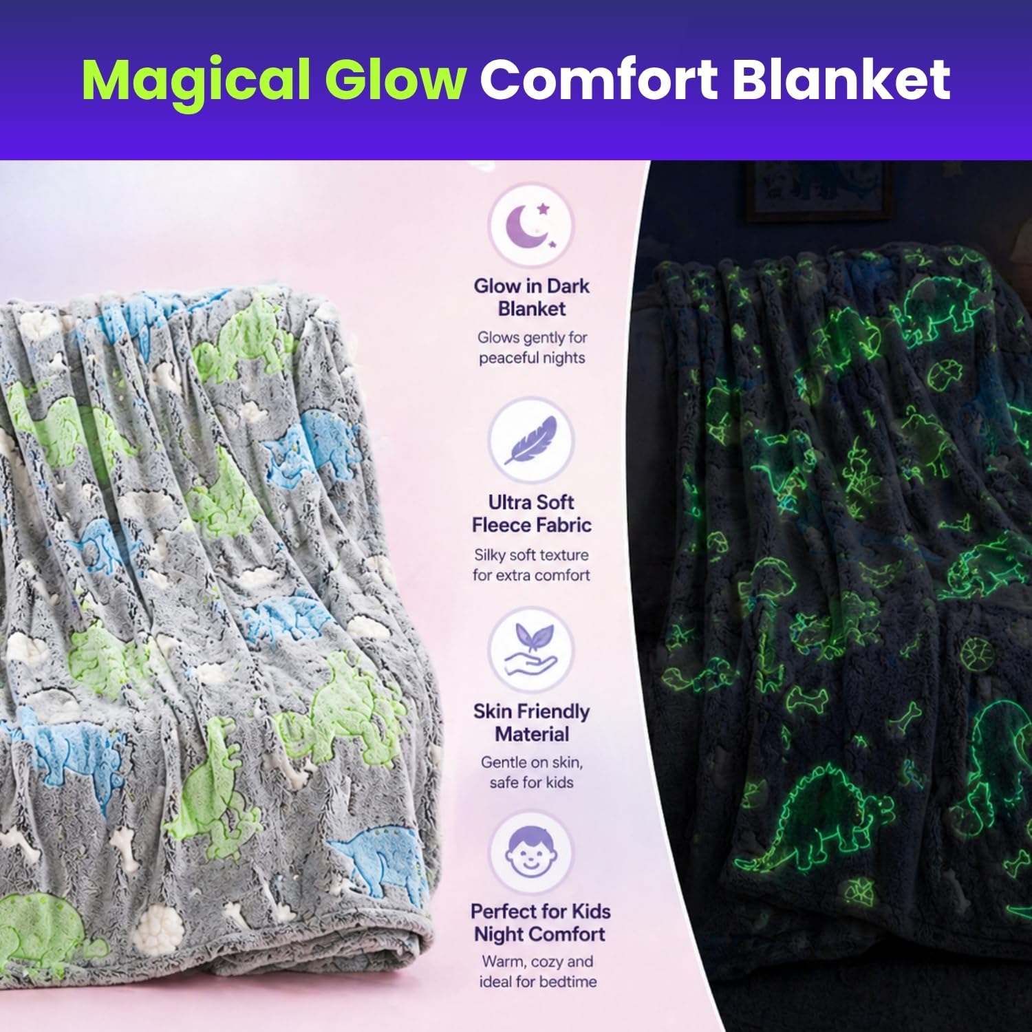 Toy Imagine Glow Blanket for Kids 3β10 Years 150 x 120 cm Glow in The Dark Blanket Soft Flannel Fleece Throw Soft Cozy Warm All Season Blankets for Boys and Girls Gift (Dinosour Design Grey) 4