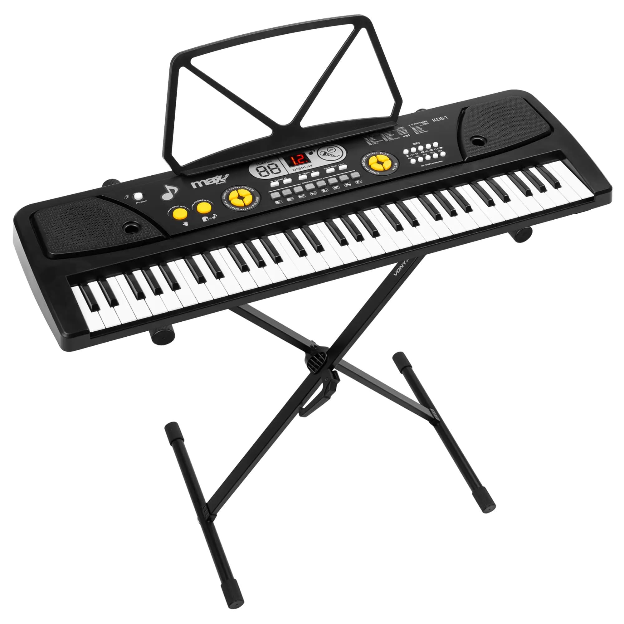 MAX KD61 Pack – Teclado electrónico infantil 61 teclas con soporte de teclado, batería recargable, micrófono, display LED, ritmos, acordes y funciones de aprendizaje para principiantes – Color negro