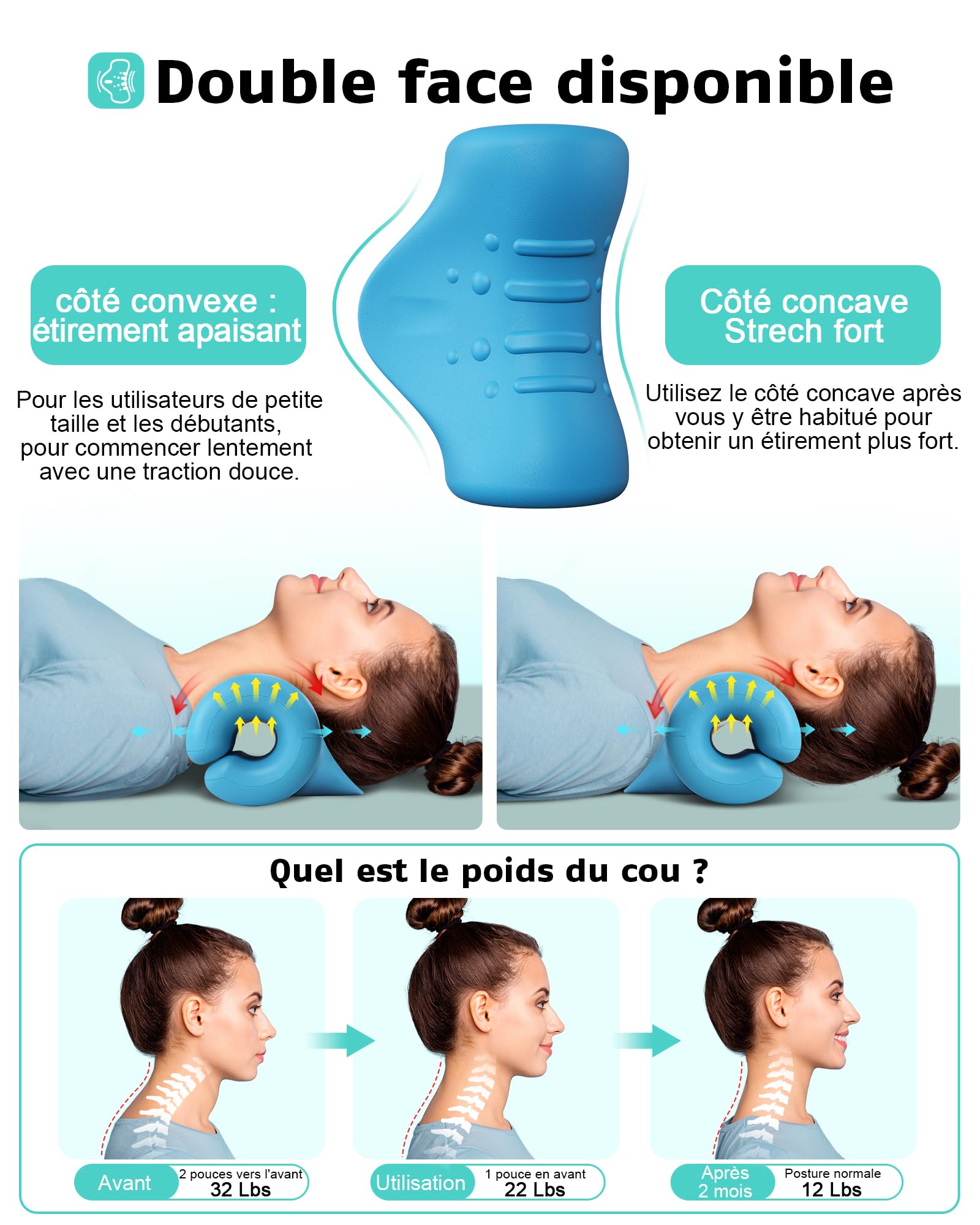Relax du Cou et des épaules,Appareil de Traction Cervicale Portable,étireur de cou,Correction de la Posture Cervicale,Coussin Chiropratique pour Soulager les Douleurs
