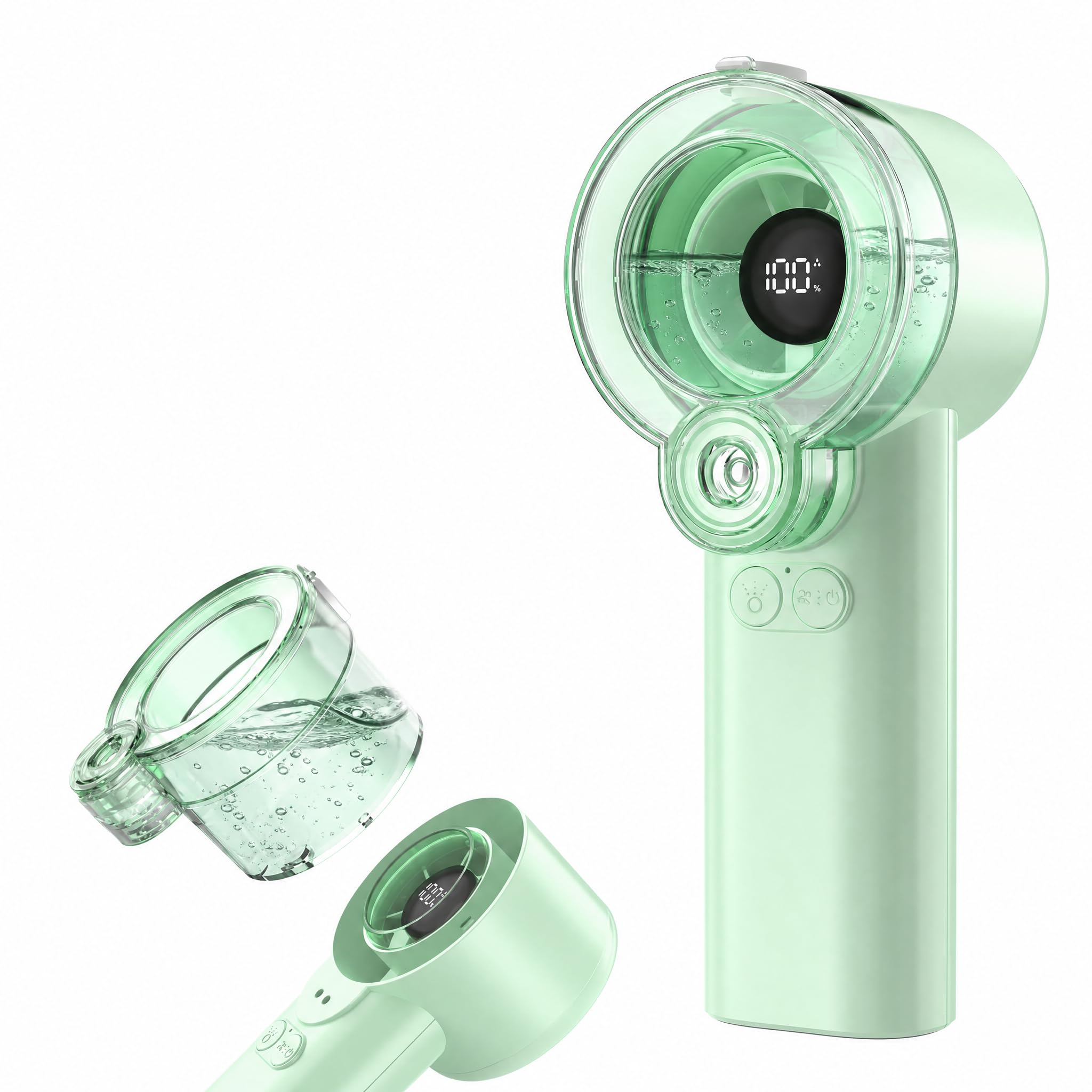 FONASONIC 2-in-1 Handheld Misting Fan, Portable Water Spray Fan Rechargeable with 5 Speeds & LED Display, Personal Mini Cooling Fan with Detachable Tank, Summer Gift for Women, Men - Green
