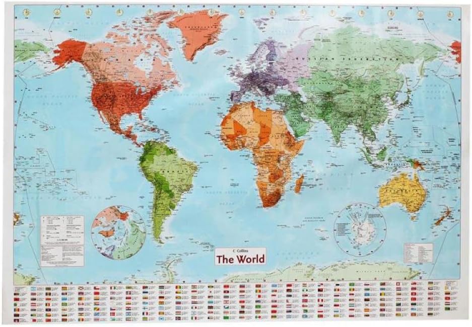 English World Map Waterproof Big Large Map Of The World Poster With Country Flags 97.5 X 67.5Cm