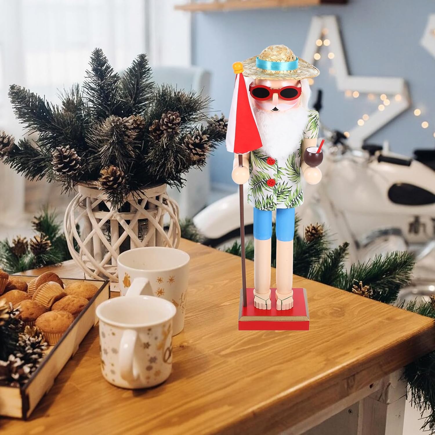Ciieeo Summer Beach Santa Nutcracker, 14 Inch Traditional Wooden Nutcracker Figurine Hawaiian Theme Nutcracker Figure for Shelves Tables Decoration, 35.00X10.00X8.00CM