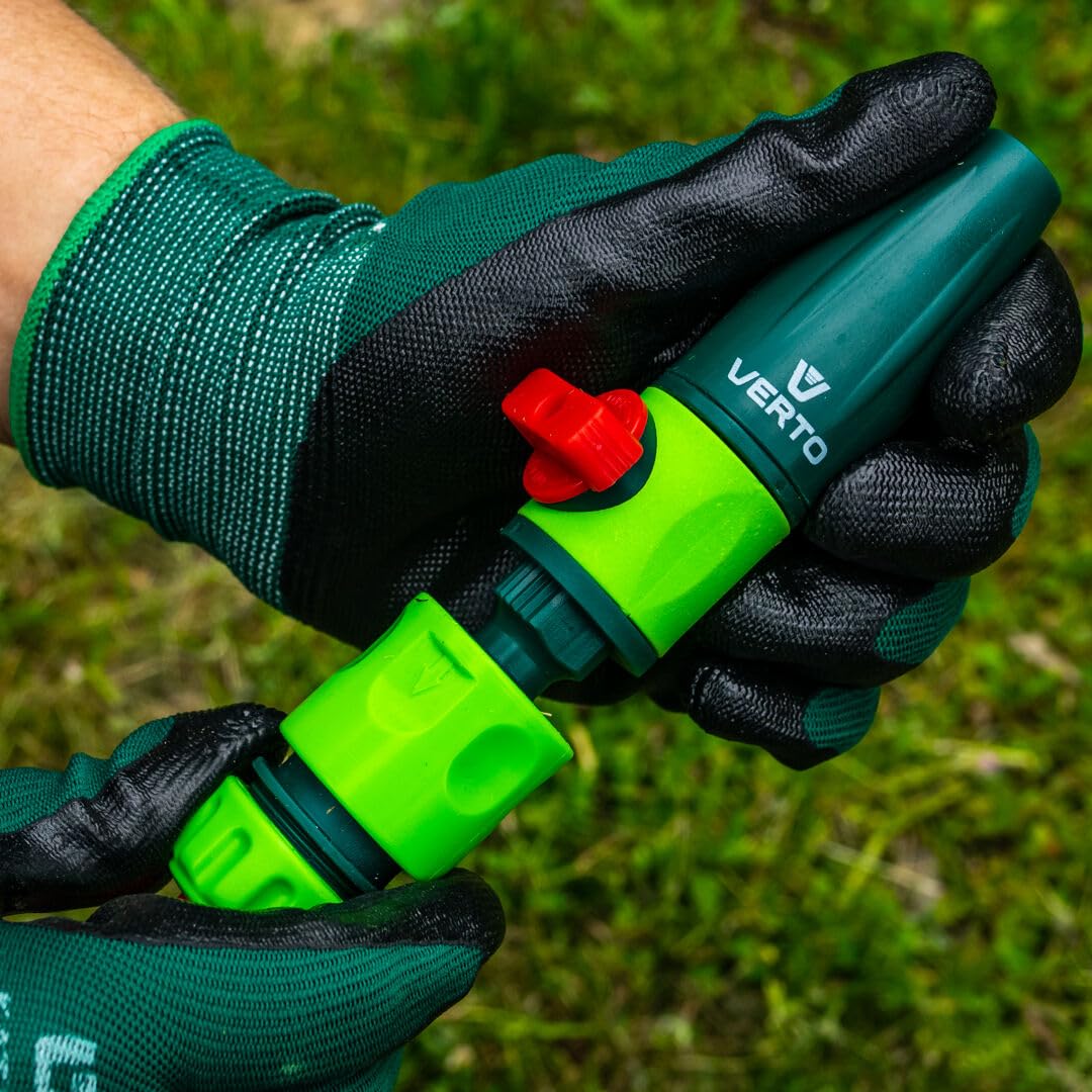 VERTO Schlauchtrommel + Gartenschlauch 20m + Wasserspritze + 3 x Schlauchverbinder, Wasserstop, Hahnverbinder - Gartenbewässerung Komplettes Starterset