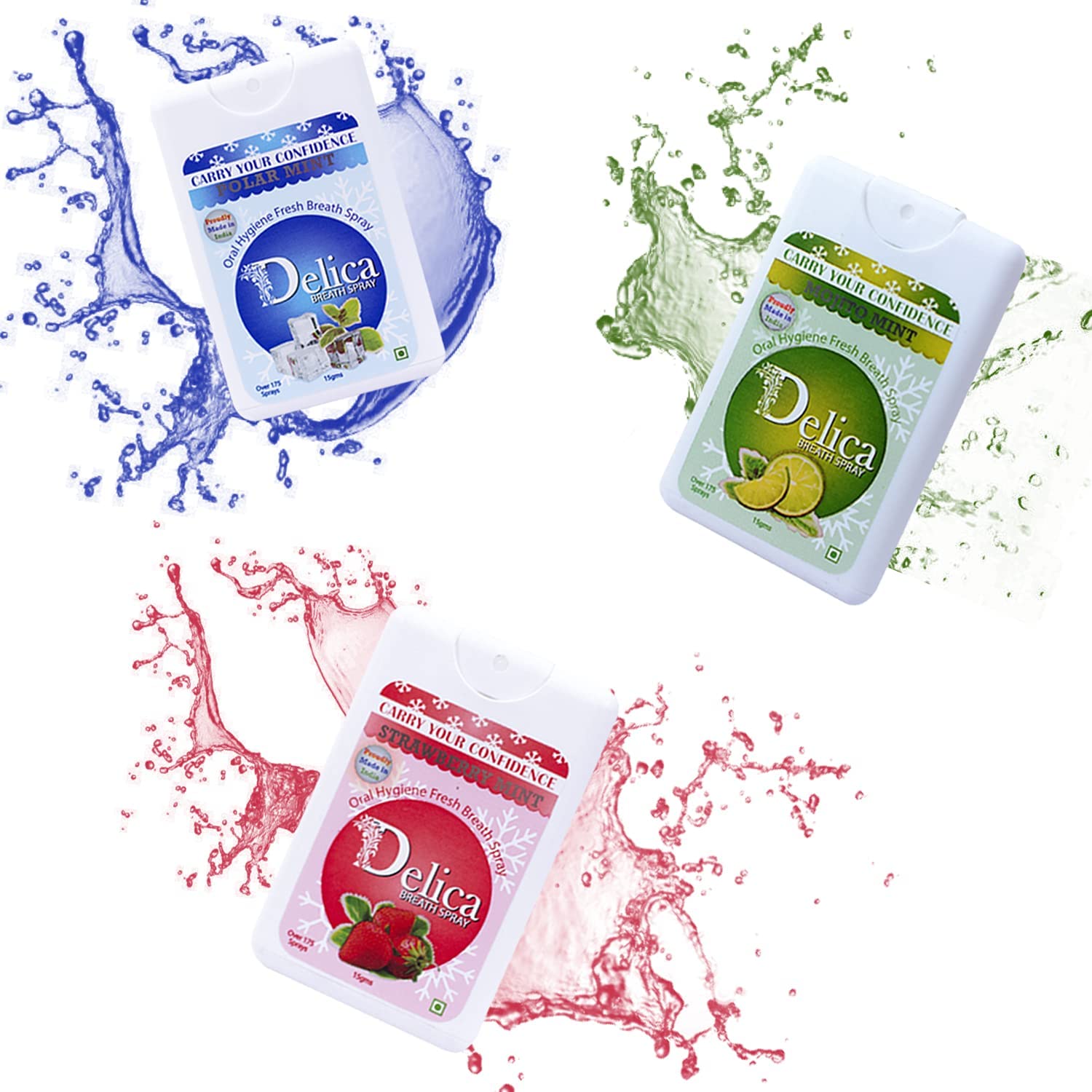 Delica Instant Mouth Freshner Spray Pocket Friendly Breath Of Fresh Air With Strawberry, Polar Mint & Mojito Mint - 15g Each (Pack of 6)