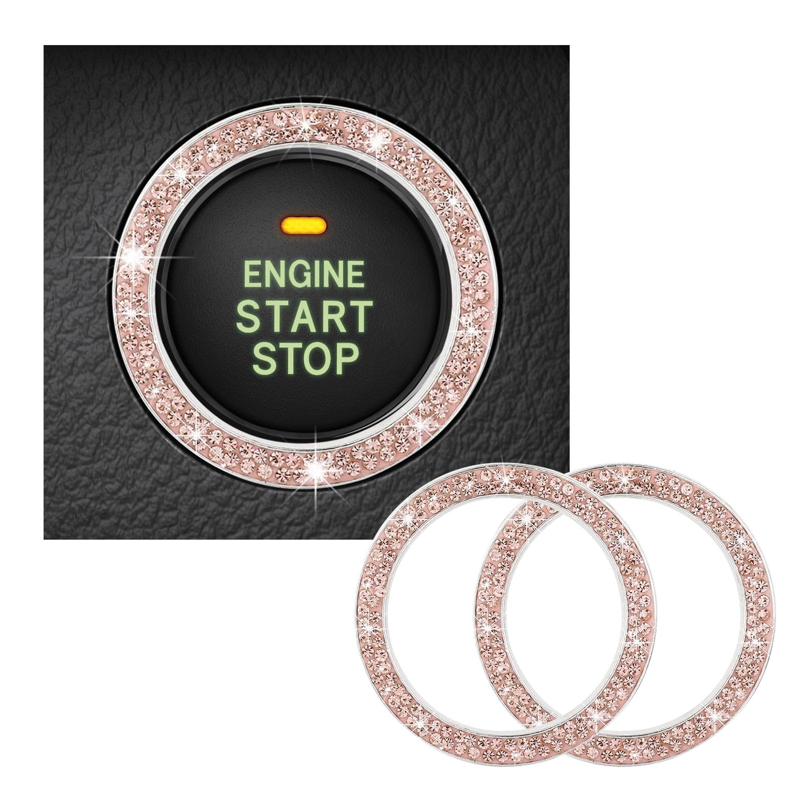 Kewucn 2 PCS Bling Crystal Double Rhinestone Car Engine Start Decoration Ring, Sparkling Push Start Button Sticker, Key Ignition & Knob Ring