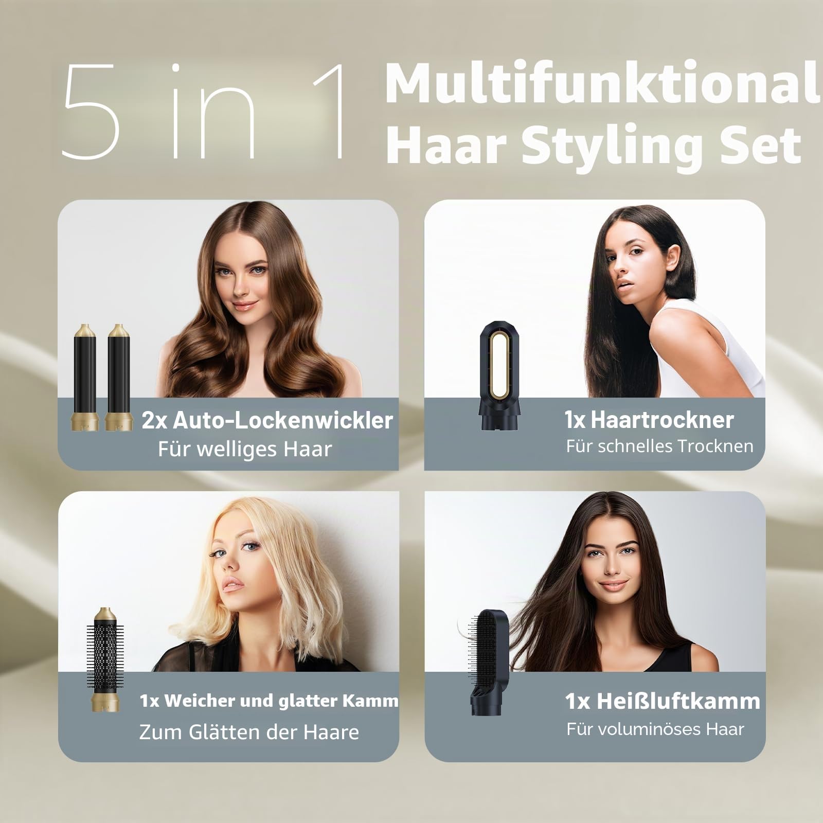 Journeyside 5 in 1 Hairstyler, 1000W Multifunktions Warmluftbürste mit 5 Zubehörteilen, 3 Temperaturen, 360° Schwenkbares Heckdesign, Hairstyler zum Haareaufplustern, Trocknen, Glätten, Locken，Blau