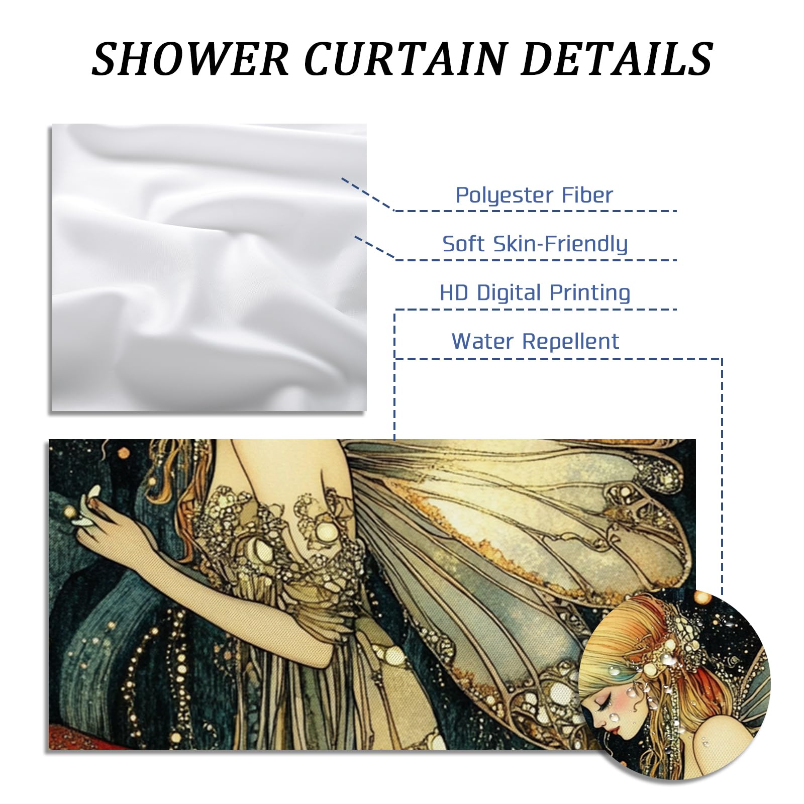 Rideau de douche féerique, rideau de bain féerique doré et beige enchanté pour décoration de salle de bain, rideau de douche magique fantaisie printemps art moderne en tissu imperméable avec crochets