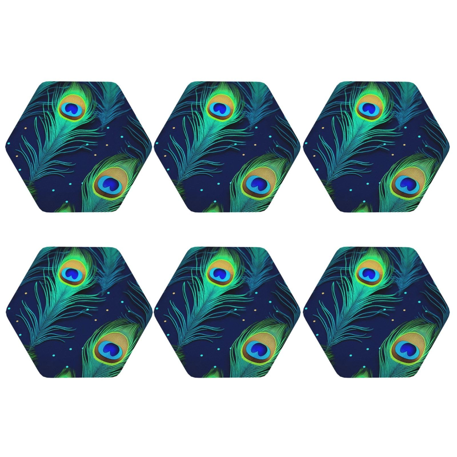 6pcs Leather Coasters for Drinks, Peacock Feather Drink Coasters for Tabletop Protection, 4" Cup Coasters for Coffee Table Decor, Non-Slip Drinking Cup Mat for Hot Or Cold Drink