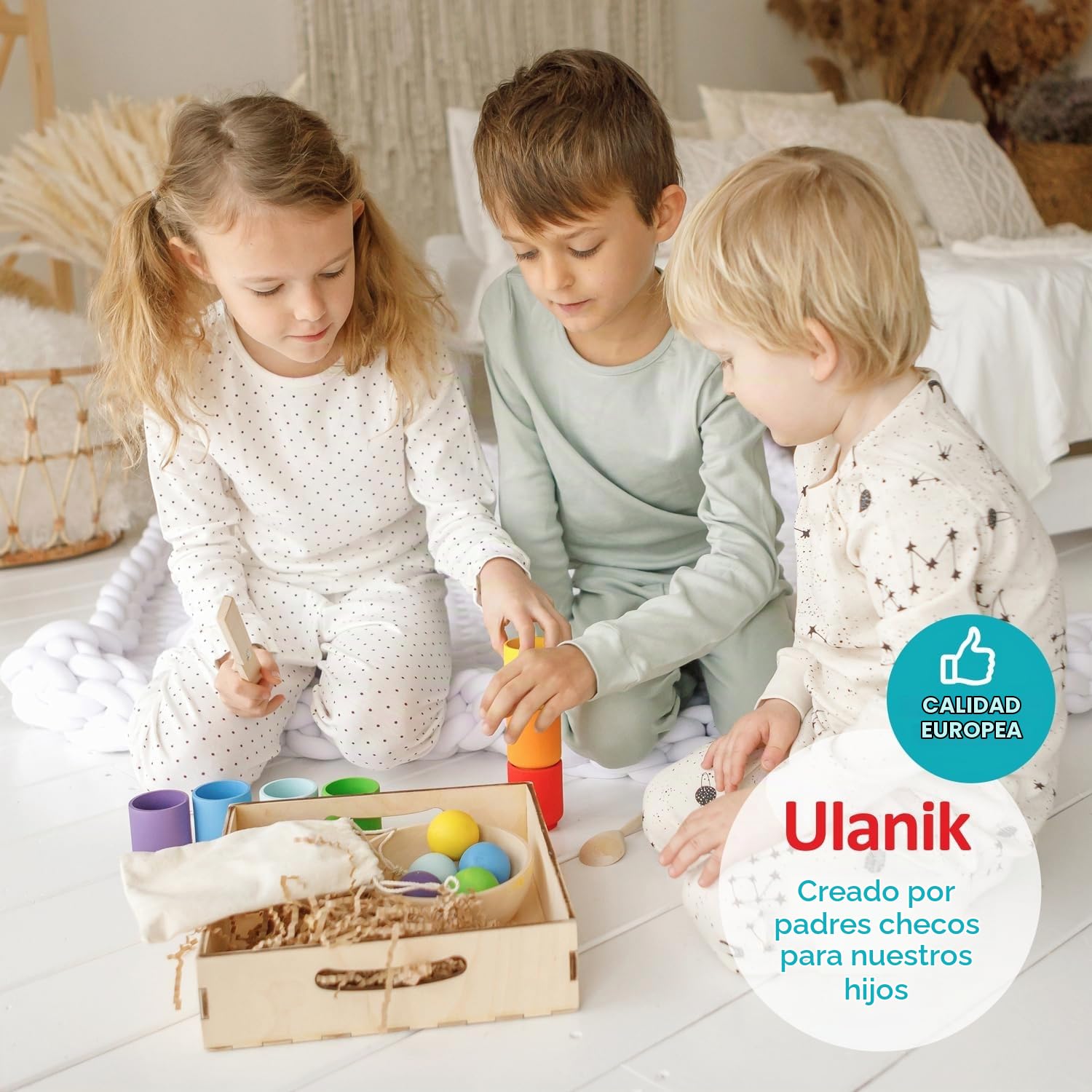 Ulanik Bolas en Vasos Set Completo Juguete Montessori 1 Año | Set abierto de clasificación en madera; 12 colores claros; bandeja y bolsa para guardar