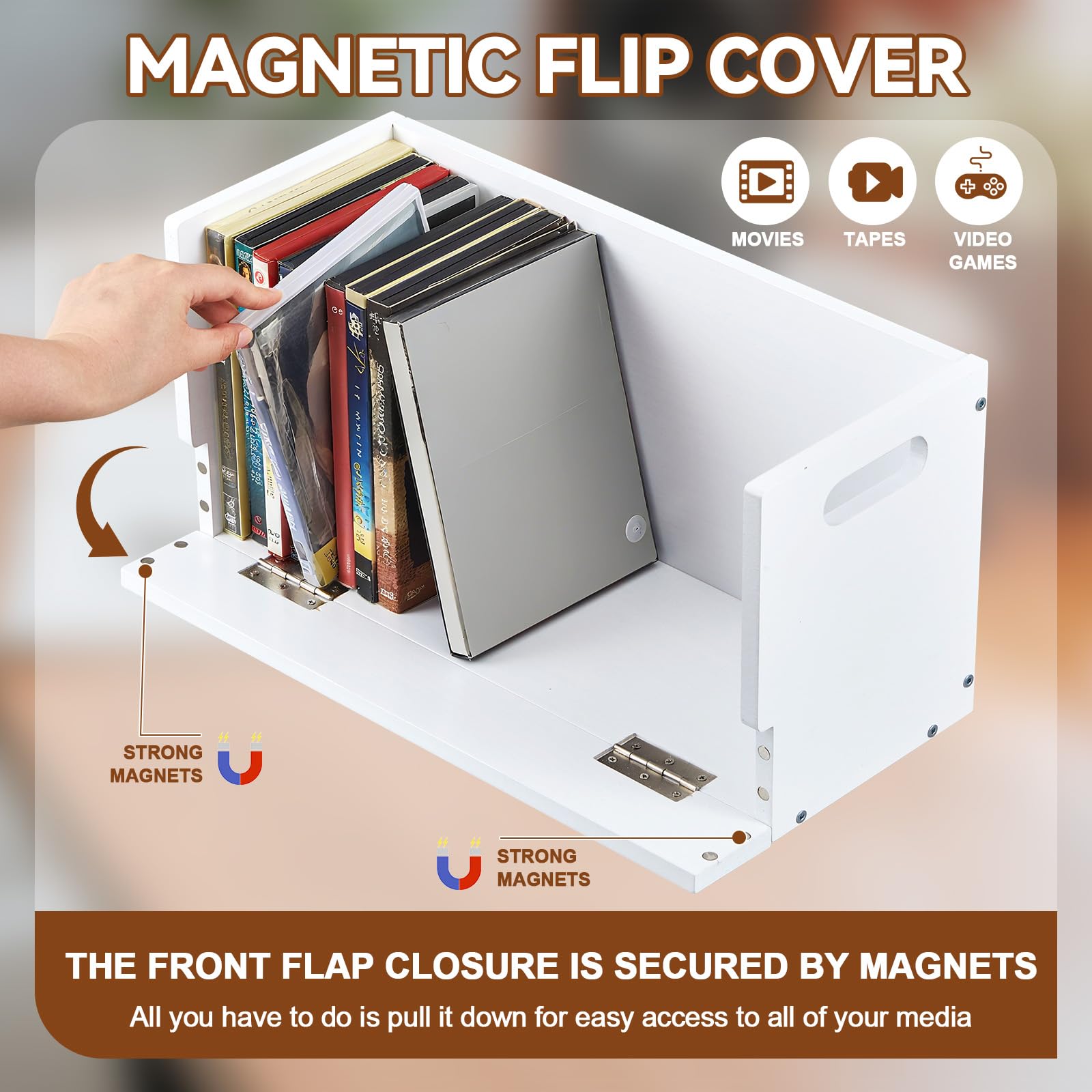 CroBlissful Set di 4 scatole in legno per DVD e DVD, in legno massello, con maniglia per il trasporto, per CD, custodie per film, ogni organizer può contenere fino a 26 scatole (bianco)