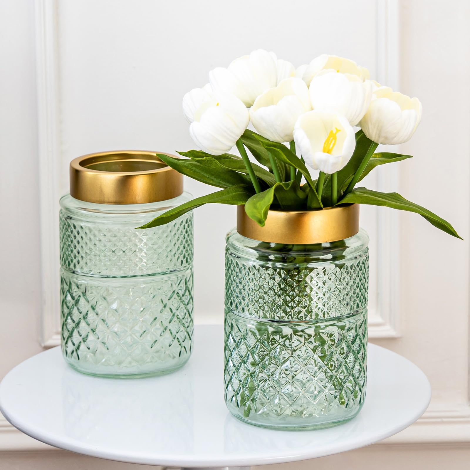 2-Pack Flower Vase Glass, 7.6 inch Green Fluted Vase with Golden Metal Top,Stylish Decorative for Tabletop Centerpiece, Kitchen,Living Room,Bedroom,Bathroom,Office