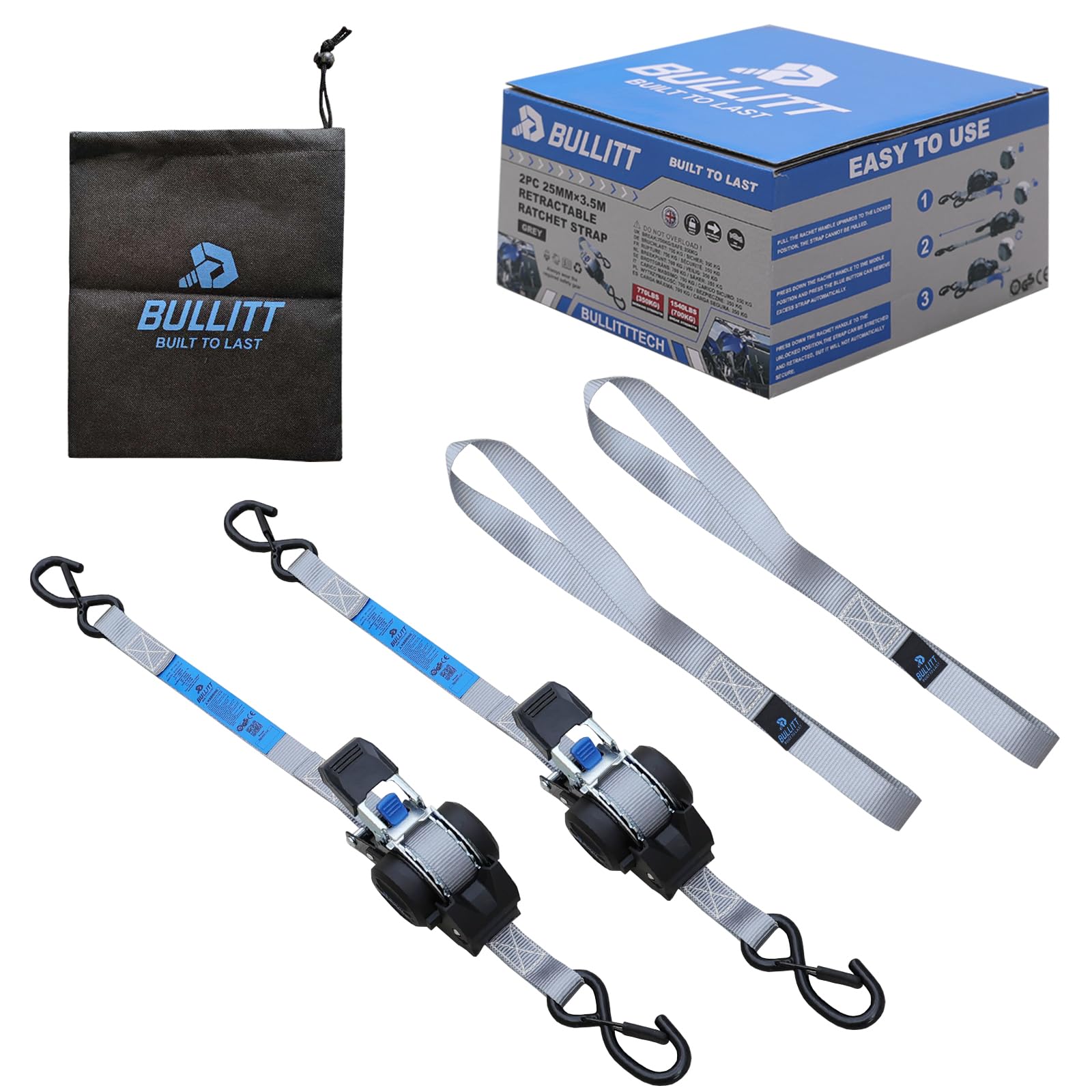 Bullitt 2Pk Decelerating Retractable Ratchet Straps Set,1" x 11.5' S-Hook Tie Down Straps+15'' Soft Loops*2, Auto Self Retracting Straps with 1540lbs