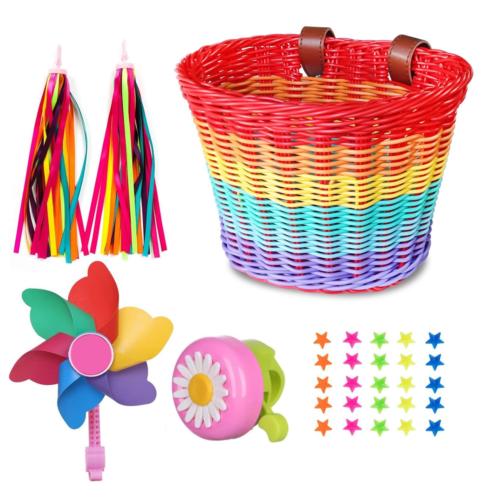 Bicycle Basket for Girls, Adjustable Front Handlebar Bike Basket with Bike Streamers Set Bell/Bicycle Windmill/Bicycle Wheel Beads DIY Bike Decoration