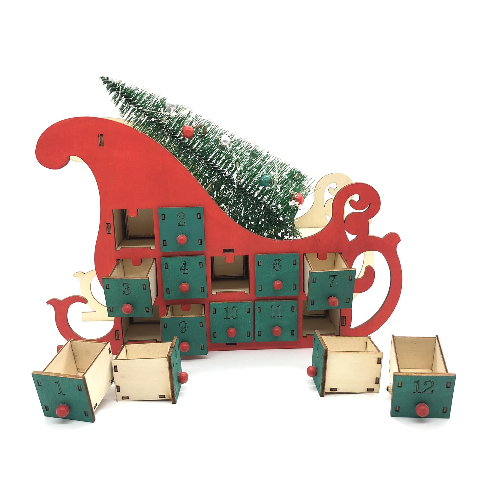Buxuaaaa Christmas Sleigh Tree Wooden Advent Calendar Countdown LED Party Decor 24 Drawer Christmas Calendar Candy