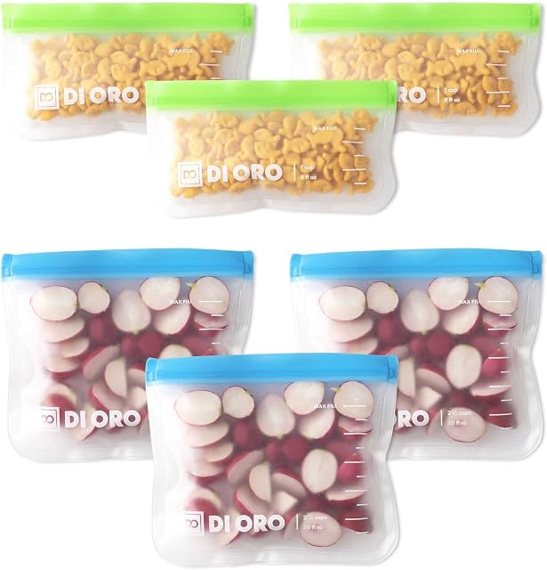 DI ORO® - Reusable Snack Bags - 100% Food Safe BPA Free Freezer Safe Bags - 3 Sandwich & 3 Small Bags - Thick, Leakproof, and Washable - Easy Ziplock Reusable Sealing System