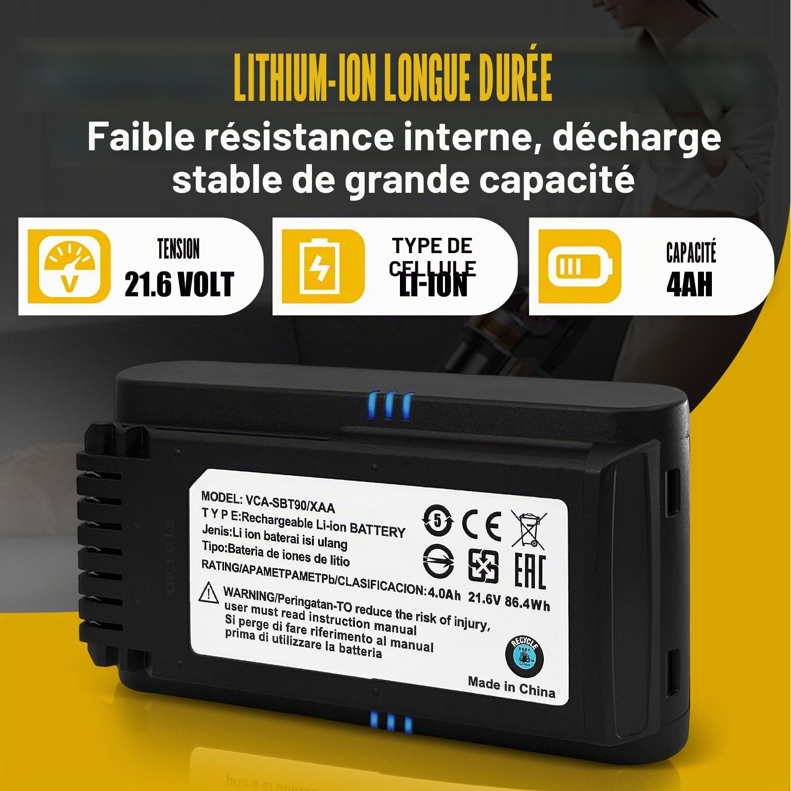 4.0Ah Batterie pour Samsung VCA-SBTA60 VCA-SBT90 VCA-SBT90EB, Compatible avec les aspirateurs sans fil Samsung JET60 JET65 JET70 JET75 JET90. Ne convient pas aux aspirateurs des séries Jet 85 JET95 et