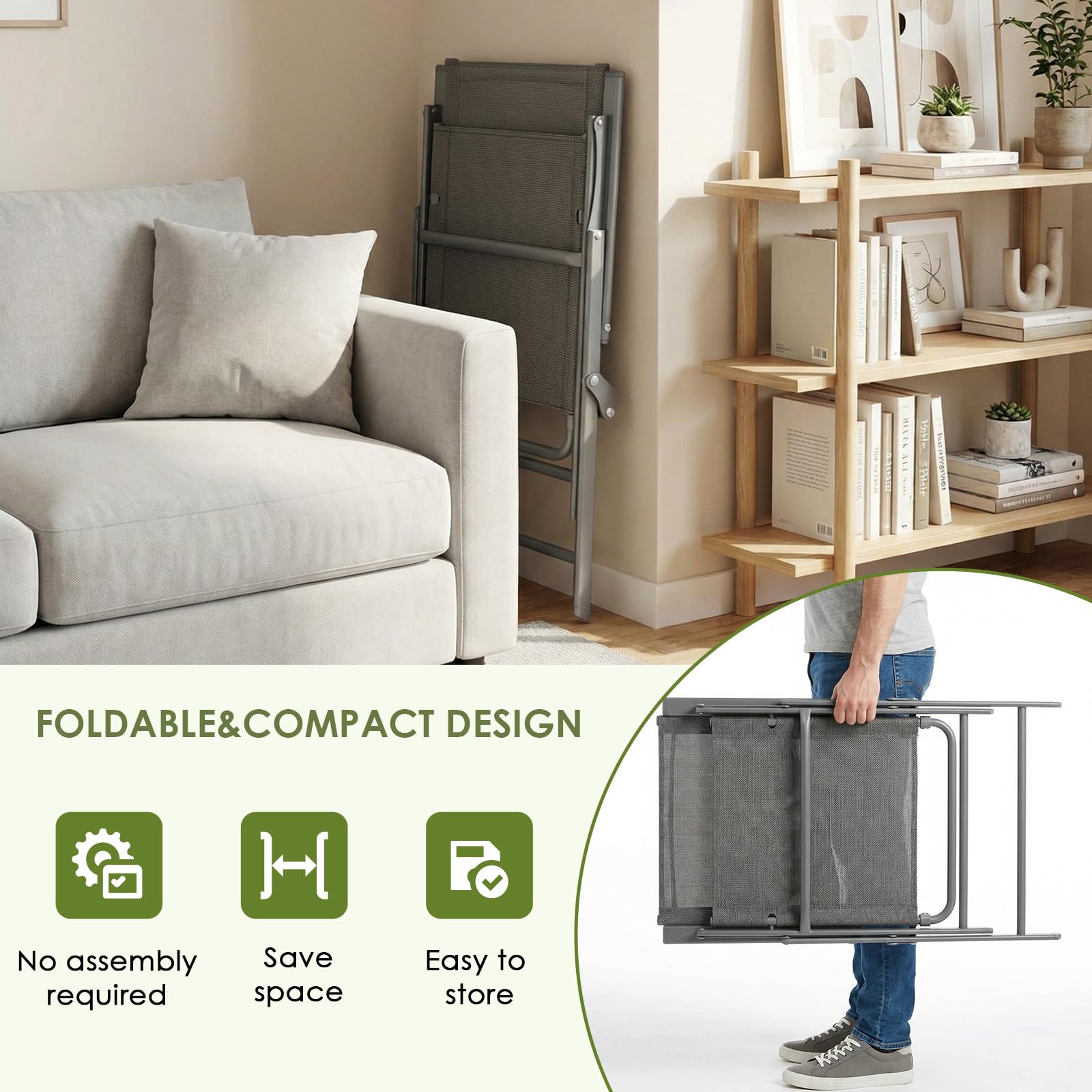 LIFERUN Gartenstühle 2er Set, Klappstühle mit Rückenlehne Armlehnen, Metall Gestell, Bis 120kg Belastbar, Leicht Klappstuh für Camping, Garten, Terrasse und Balkon, Dunkelgrau