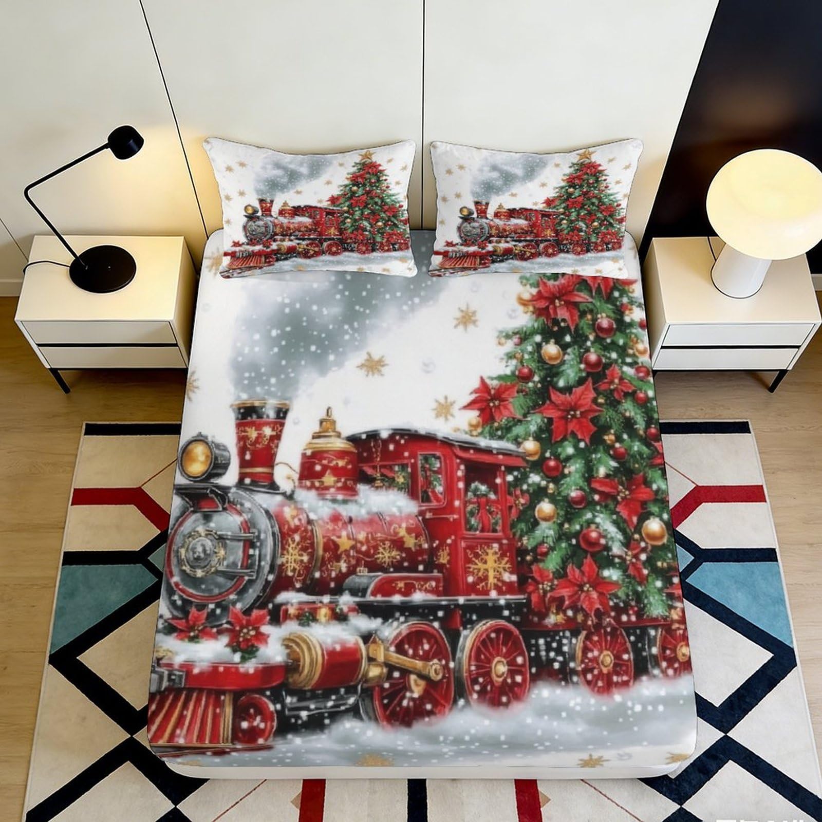 Kzqjxnhpcr Style-3 3D Printed Christmas Train Fitted Sheet Microfiber Deep Pocket Bedroom Bedding Christmas Tree Mattress Fitted Cover Non-Slip Washable 90X200x25cm 90X200x25cm