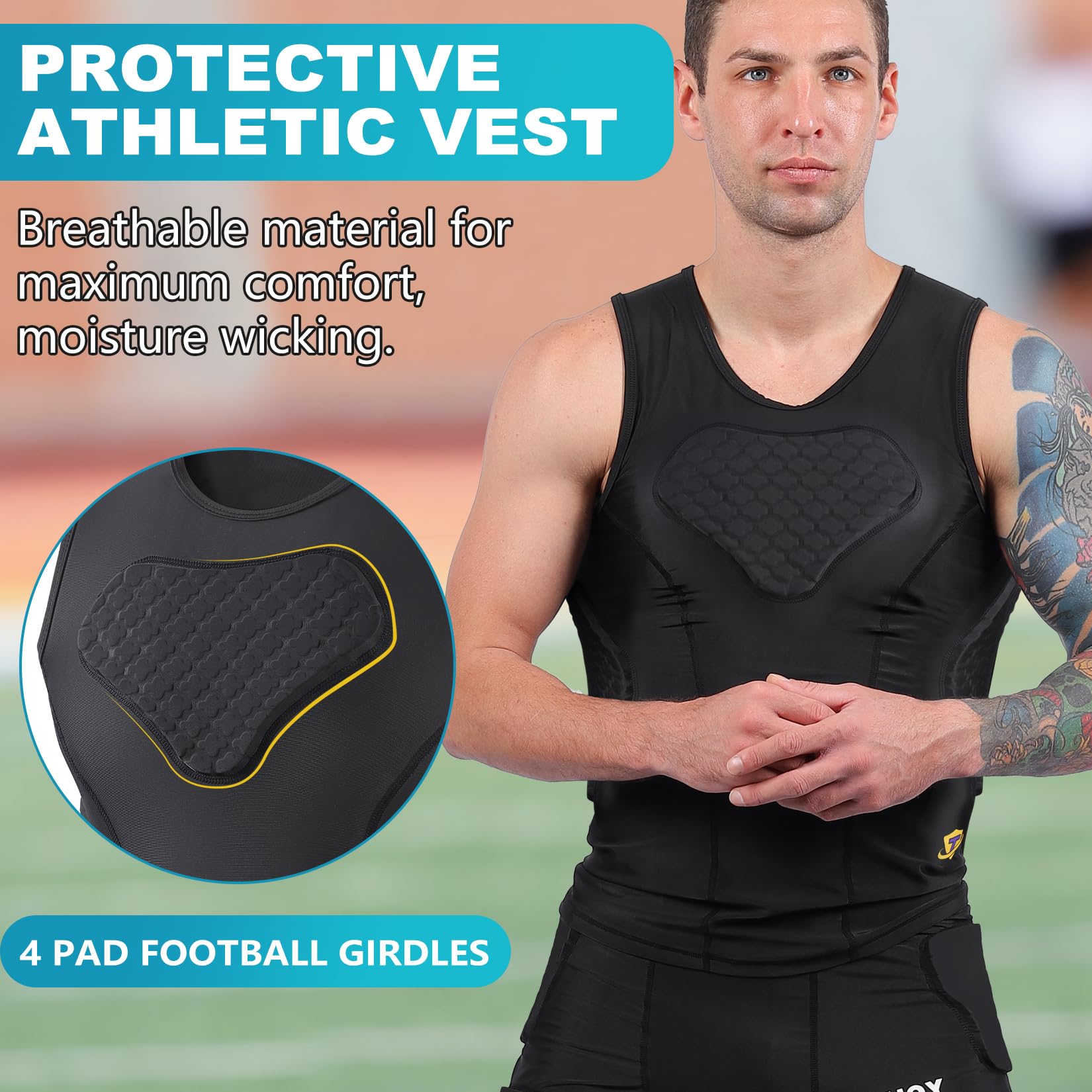 TUOY Brustschutz für Erwachsene, gepolstert, 5 Pads, Baseball, Fußball, Lacrosse, Ripp, Herz, Brustschutz